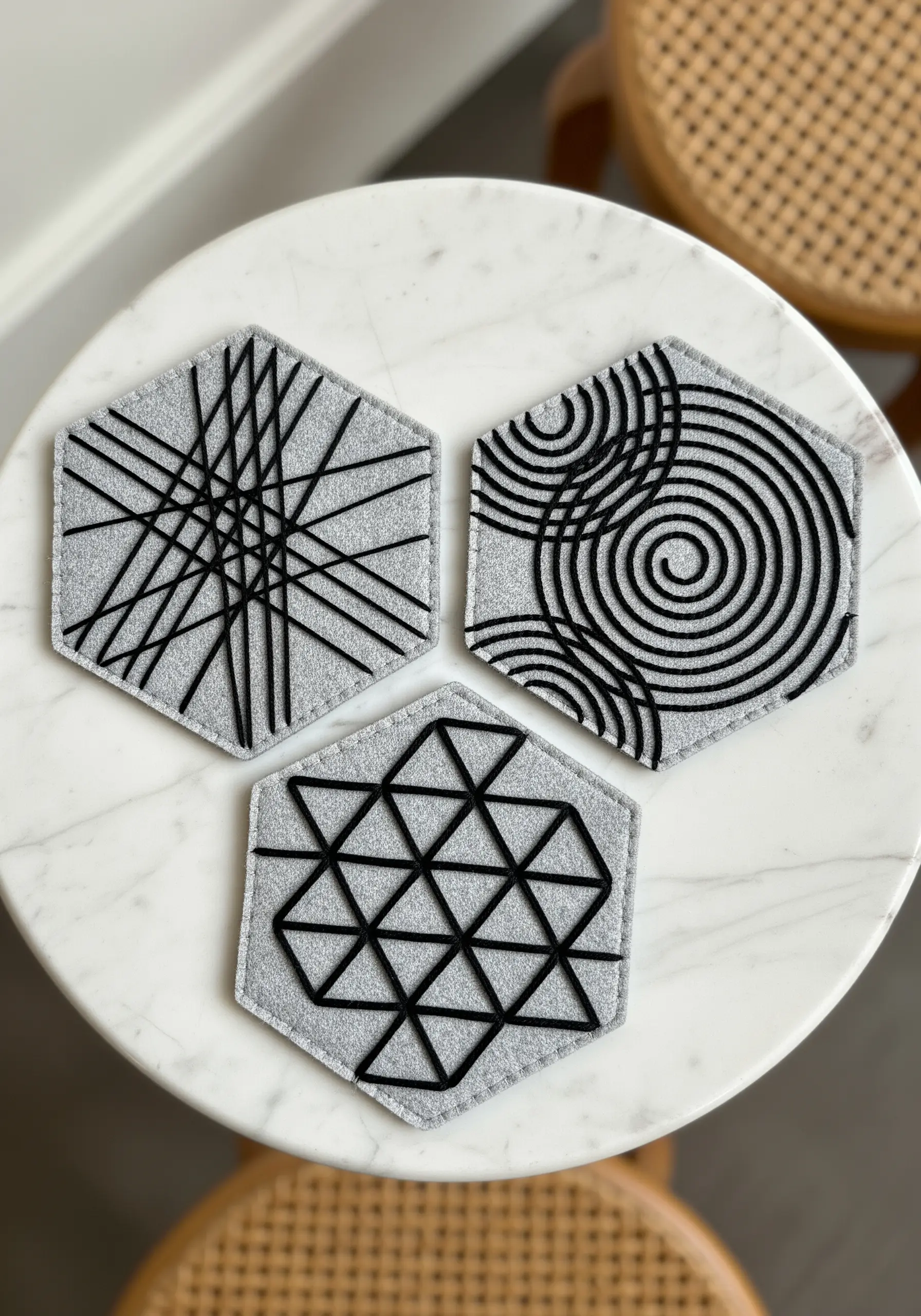 Three hexagonal felt coasters with modern, geometric black embroidery patterns.