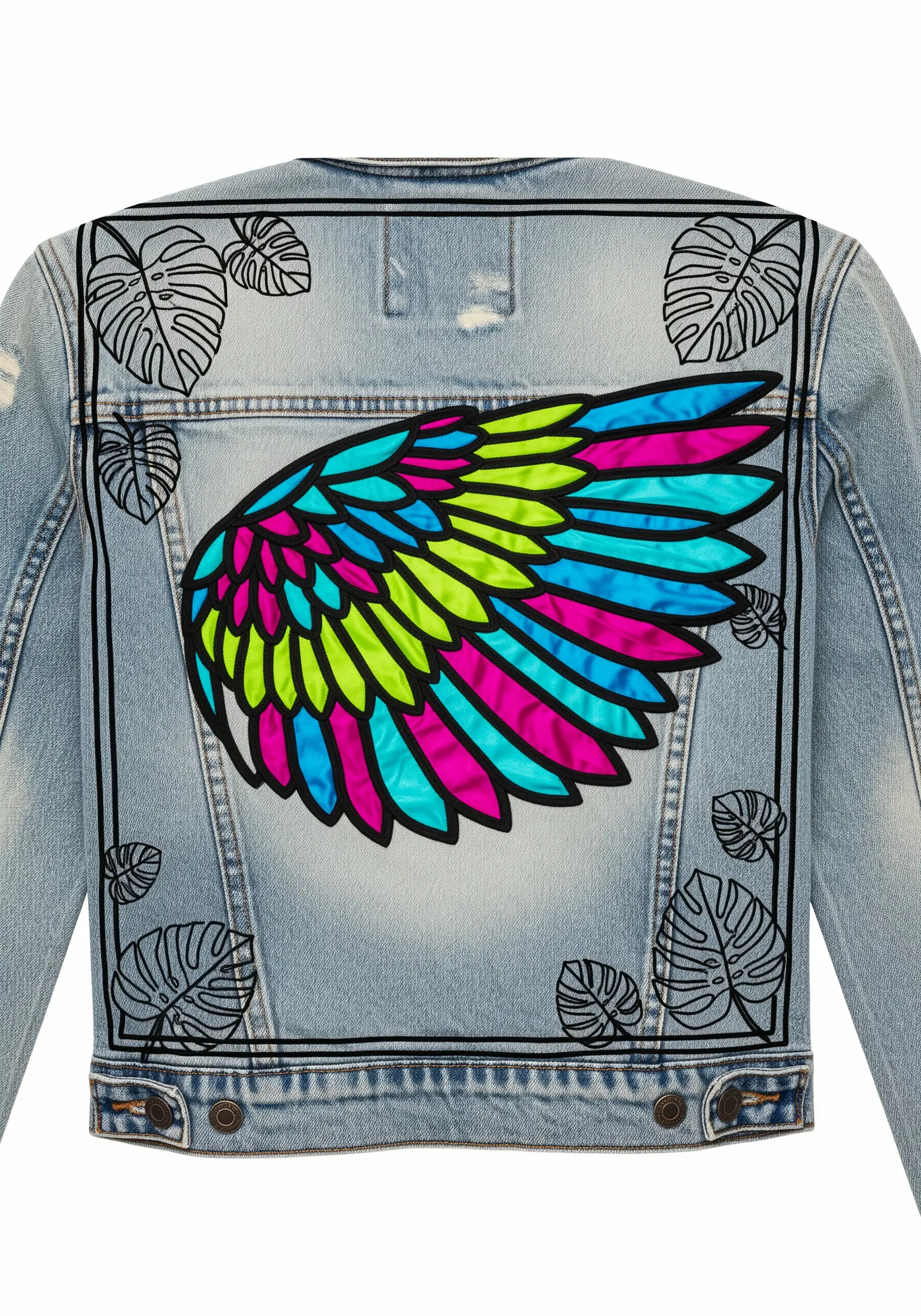 An abstract, colorful parrot wing embroidered in a graphic style on a denim jacket.