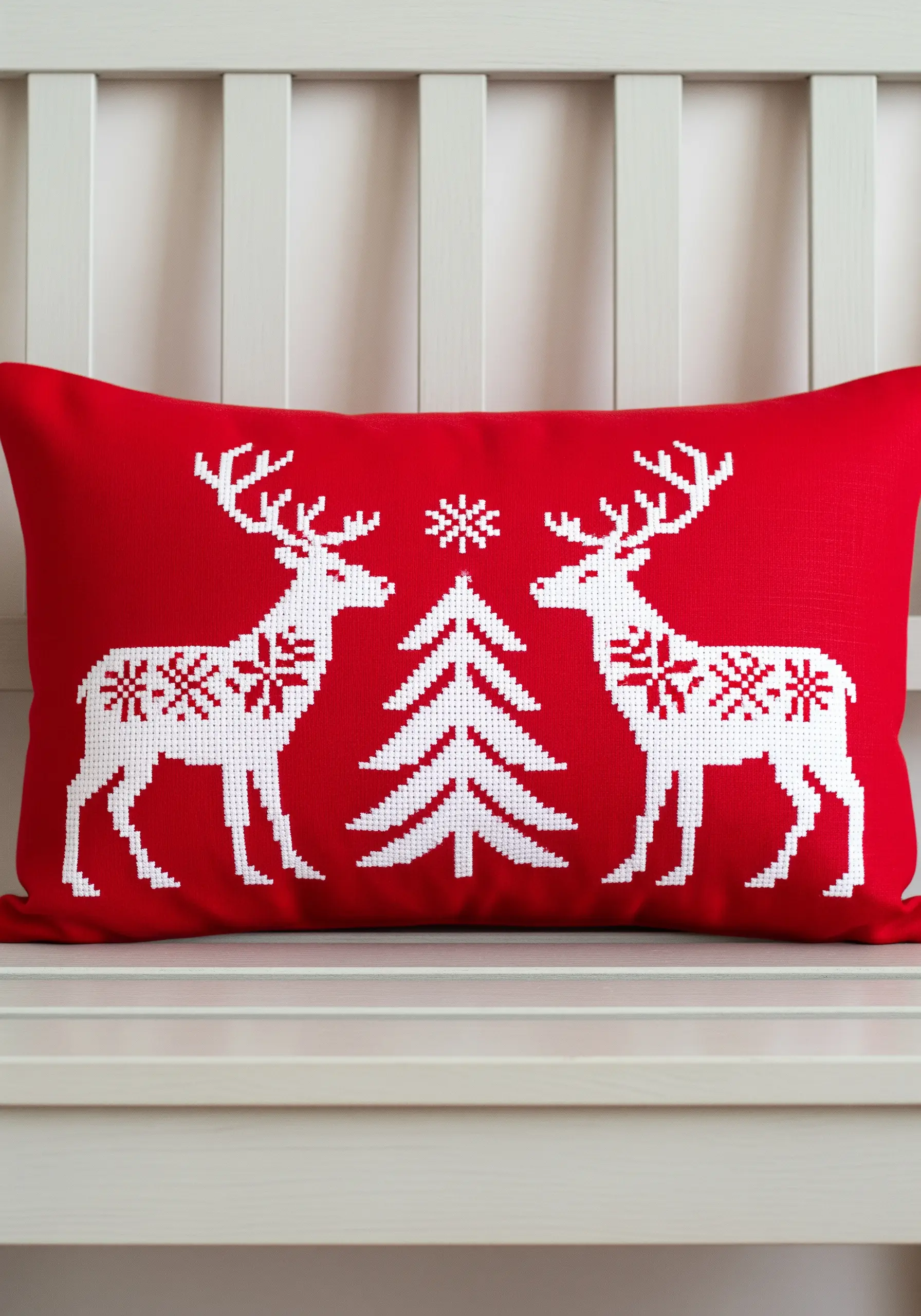 Two white cross-stitched reindeer on a bright red rectangular pillow.