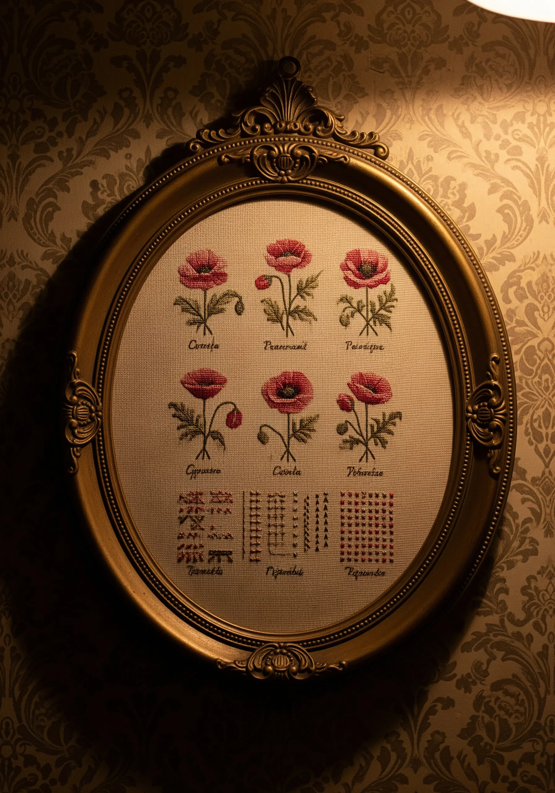 A traditional cross-stitch sampler of red poppies in an ornate gold oval frame.
