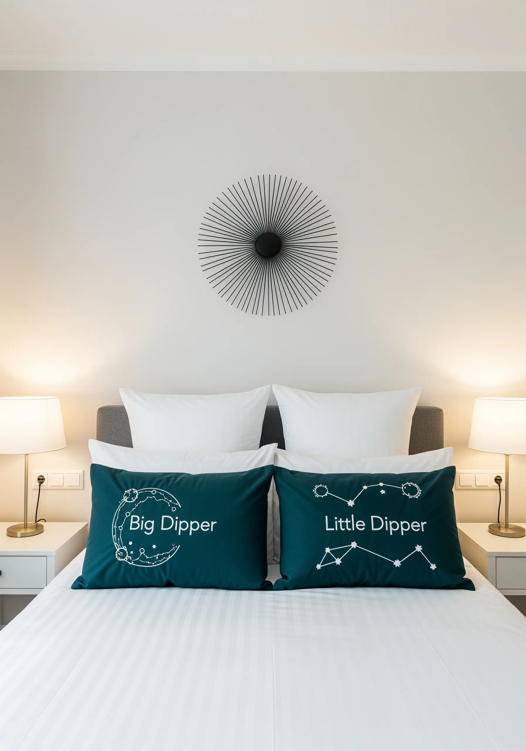 Two dark teal pillows on a bed, one embroidered with the Big Dipper, the other with the Little Dipper.