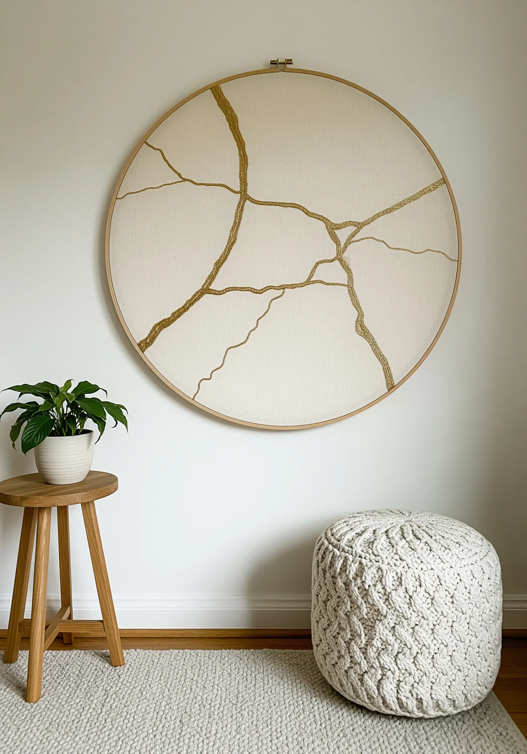 A large embroidery hoop with golden threads stitched in a kintsugi-inspired crackle pattern