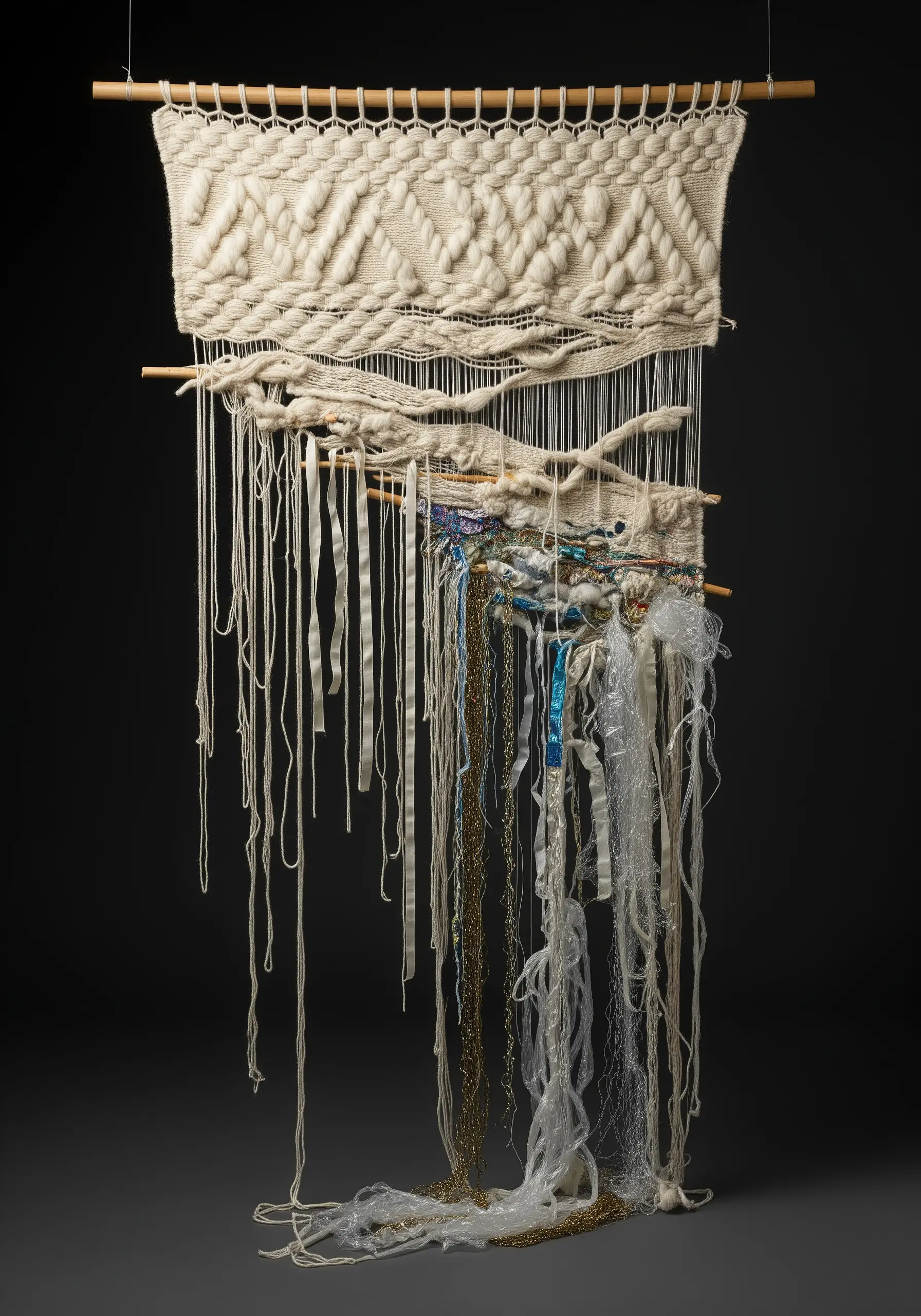 Deconstructed wall weaving with mixed media elements like chains and ribbons unraveling.