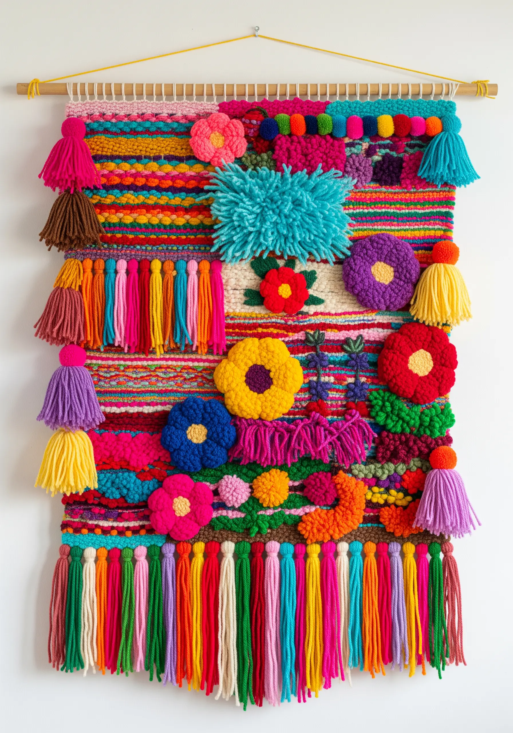 A vibrant, maximalist woven wall hanging with colorful tassels, pom-poms, and varied textures.