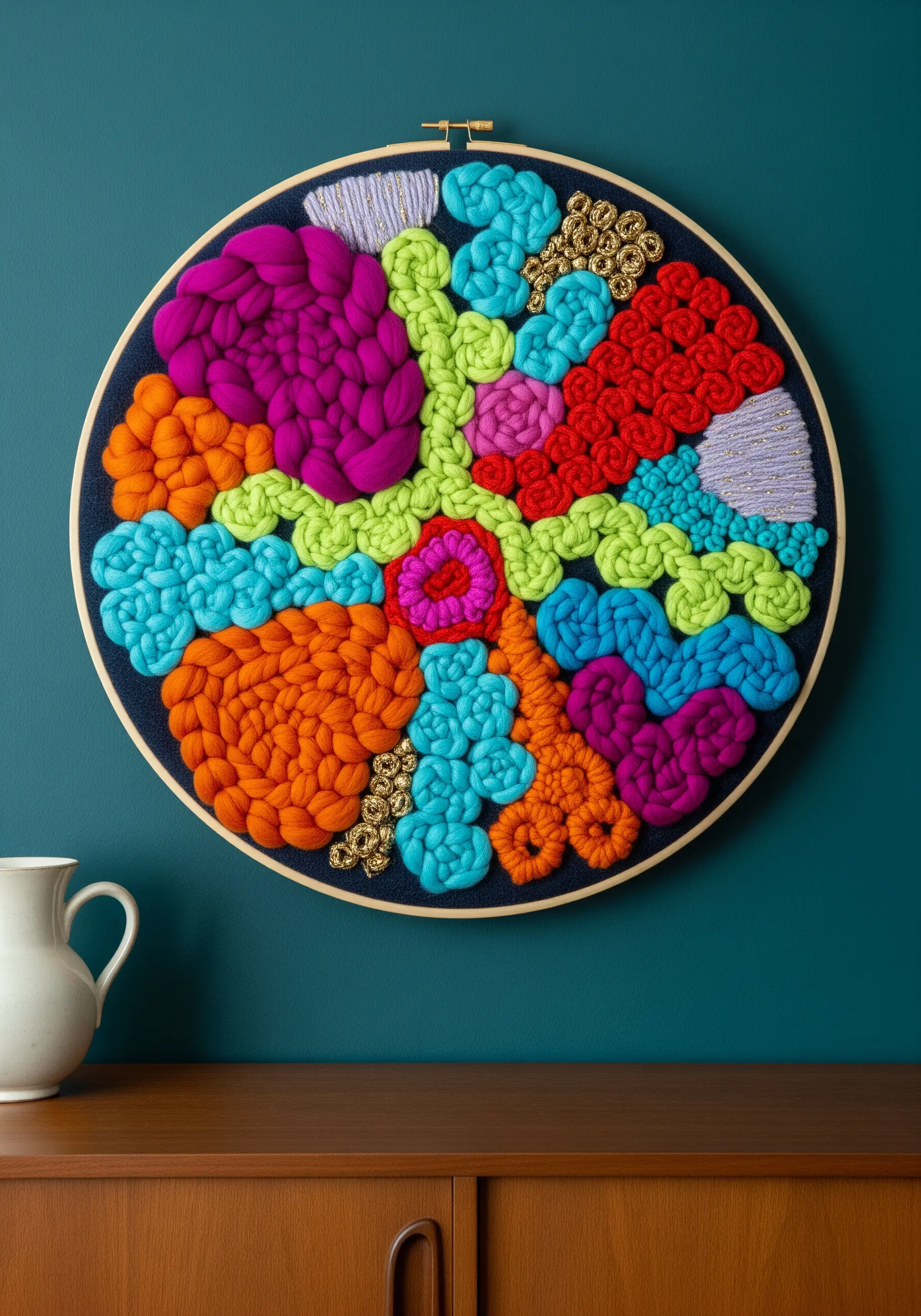 Vibrant, chunky fiber art in a hoop with bold orange, pink, and blue yarn textures.