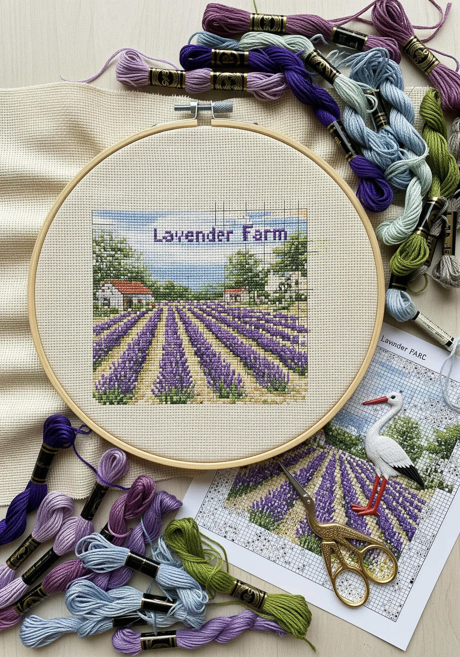 A cross-stitch pattern of a lavender farm in a hoop, with thread skeins nearby.