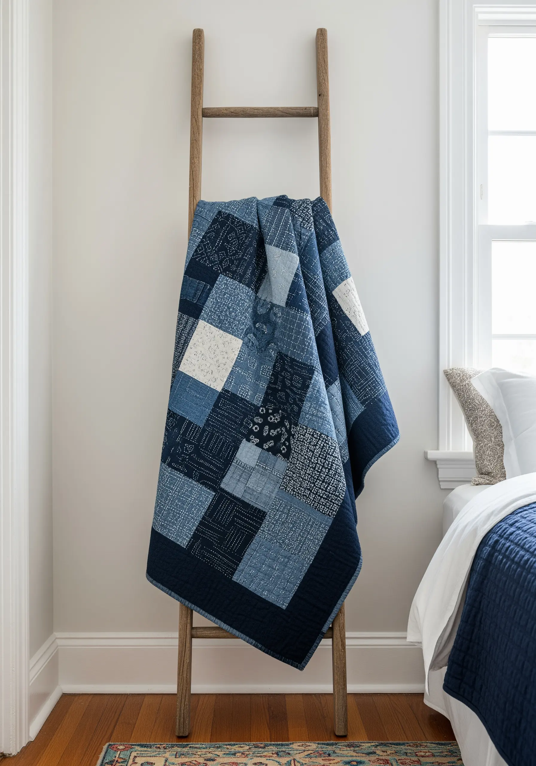 A patchwork quilt made of various indigo fabrics stitched with white Sashiko patterns.