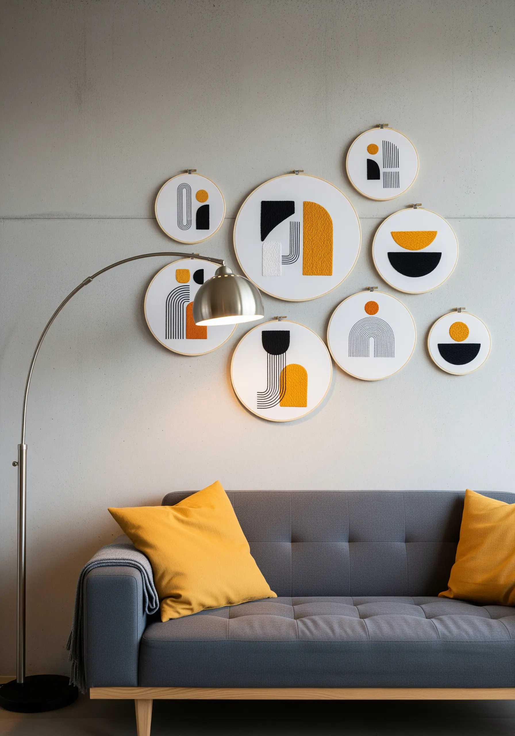 A gallery of embroidery hoops with minimalist abstract geometric designs in yellow, black, and white.