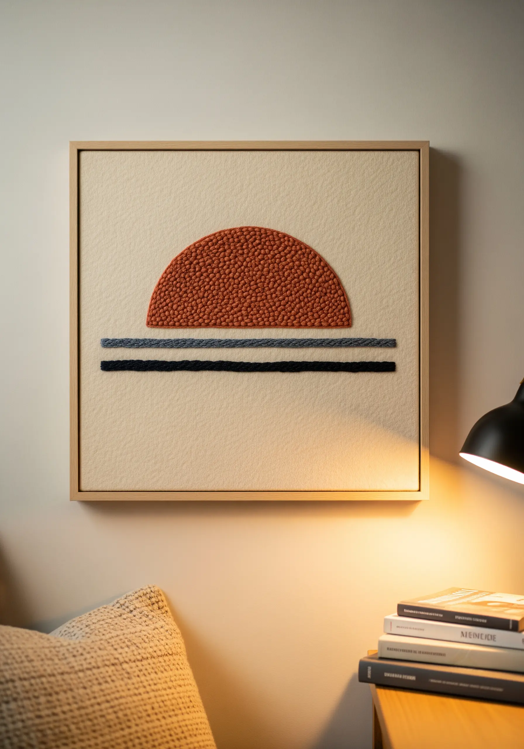 Framed minimalist art with a punch needle sunset and lines in earth tones.