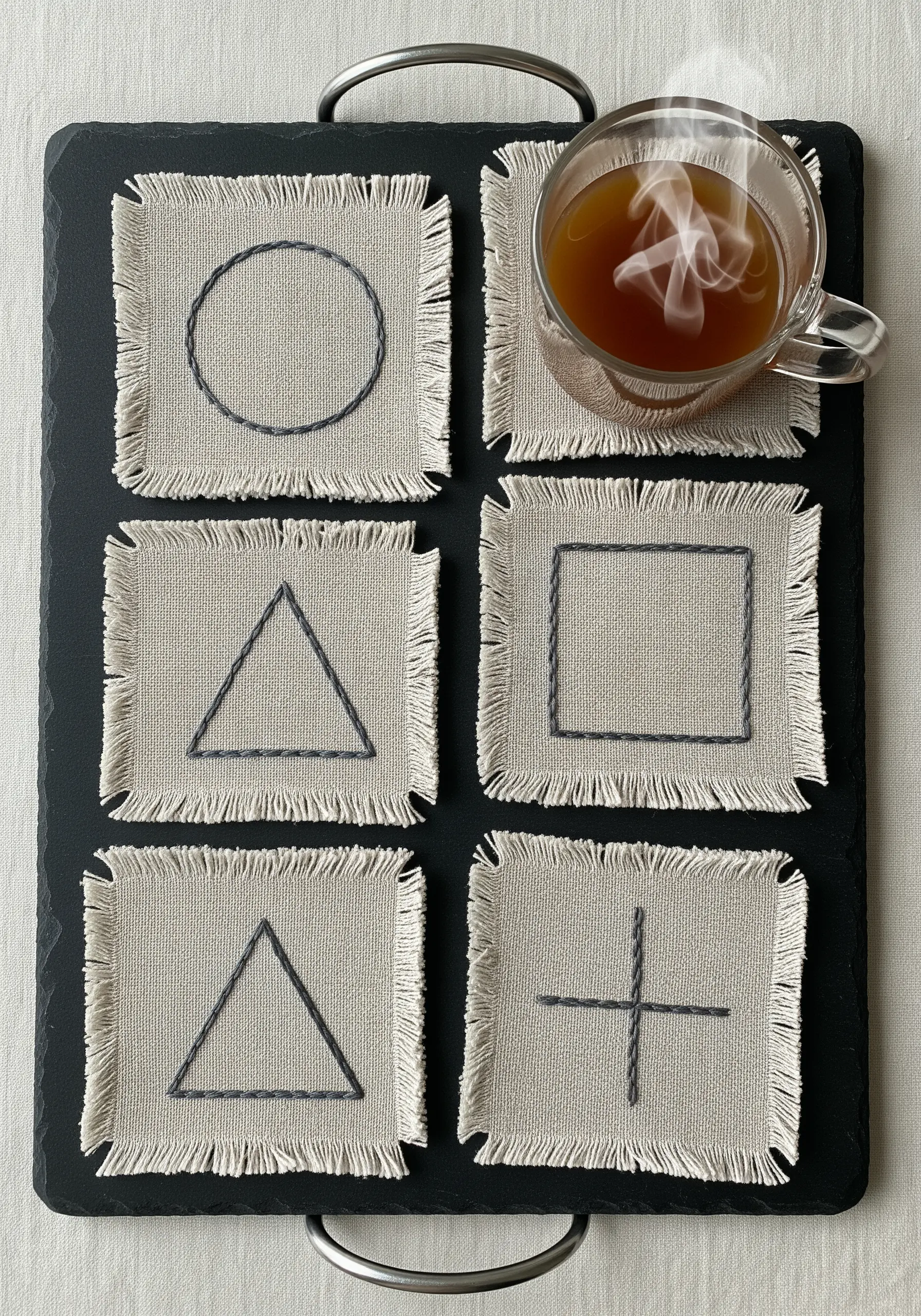 A set of linen coasters with simple, backstitched geometric shapes in a dark thread.