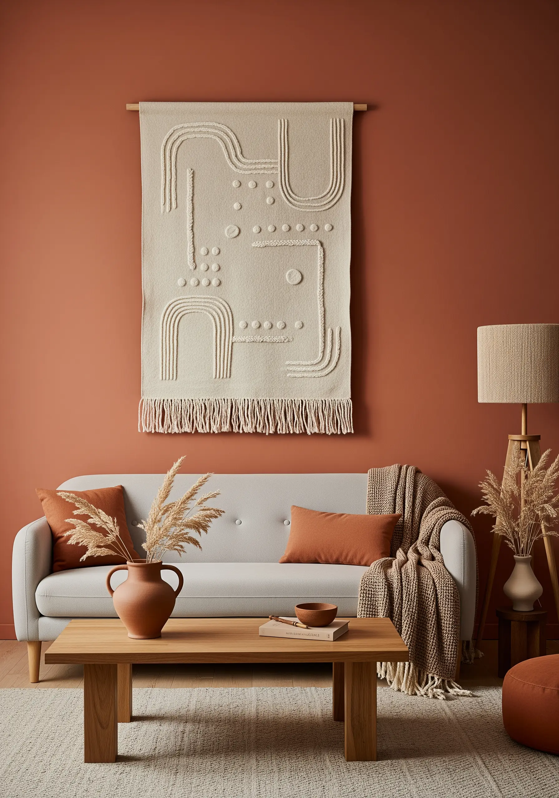 A large, neutral-colored wall tapestry with abstract shapes made from high-pile yarn loops