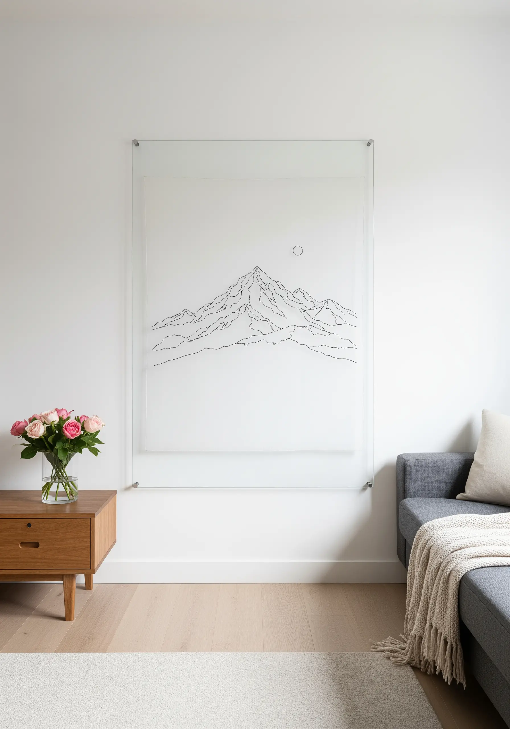 A large, minimalist line art embroidery of a mountain range on sheer fabric in a clear acrylic frame.