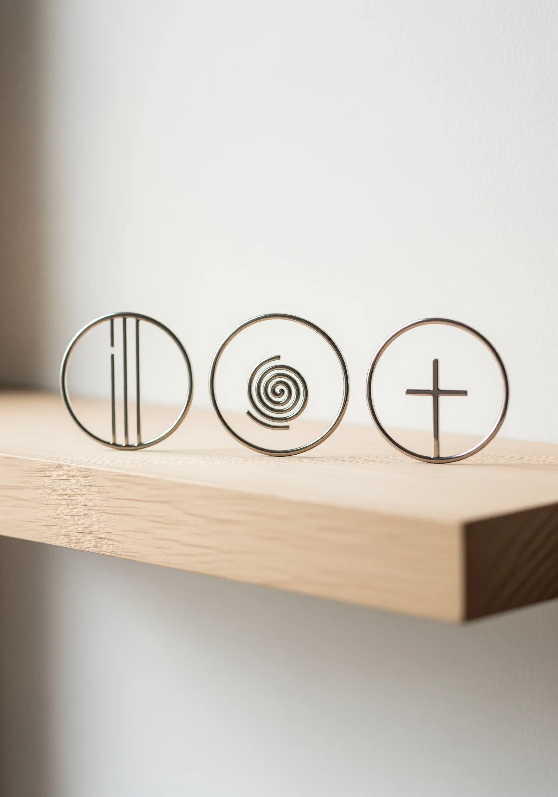 Three small metal hoops with minimalist thread art symbols on a wooden shelf.