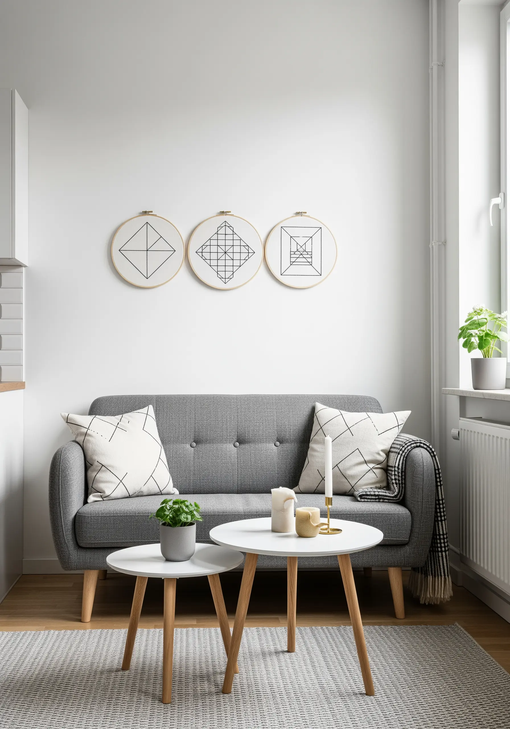 Three minimalist geometric embroidery hoops with black thread on white fabric.