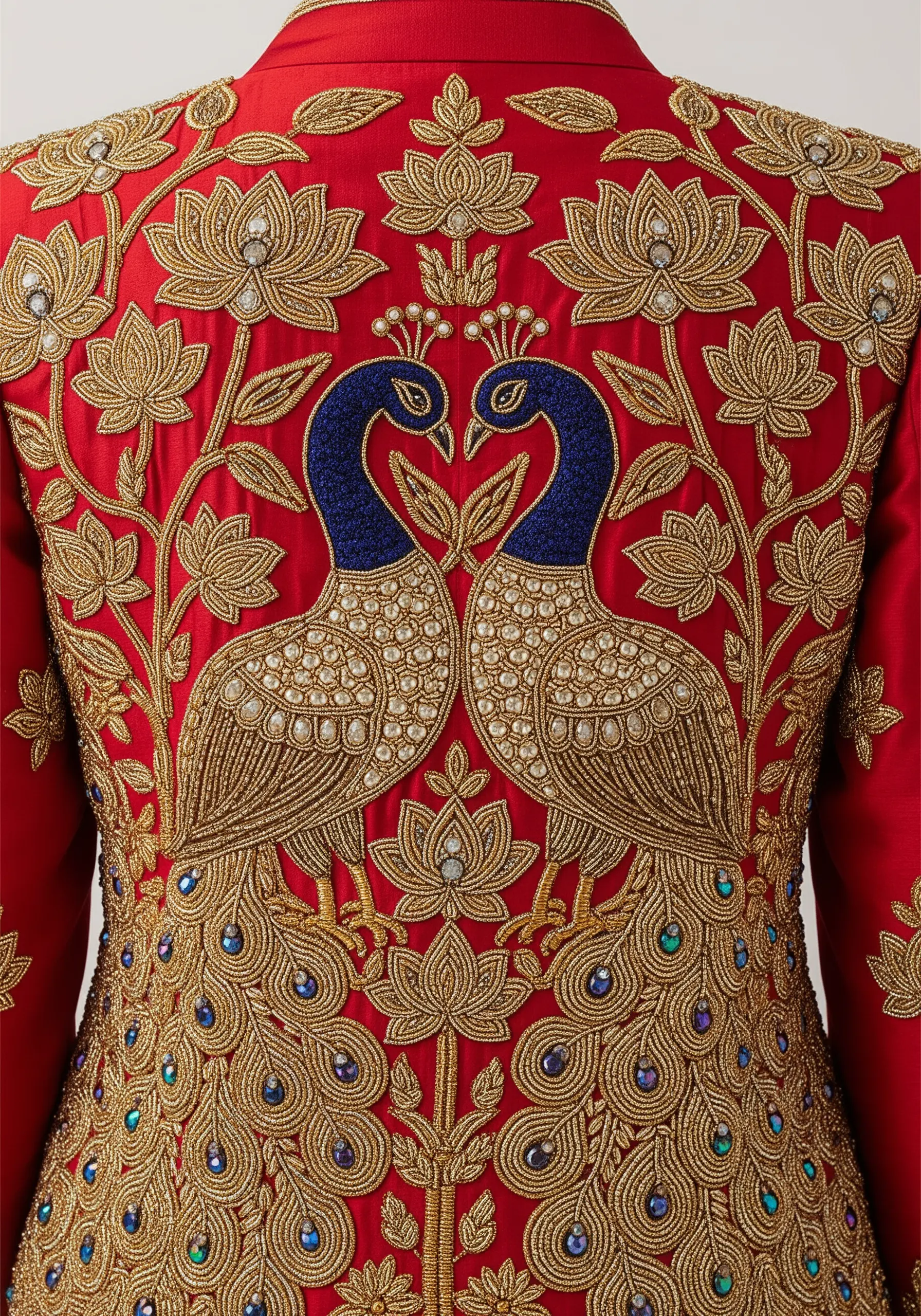 Symmetrical goldwork peacocks with crystals on the back of a vibrant red jacket.