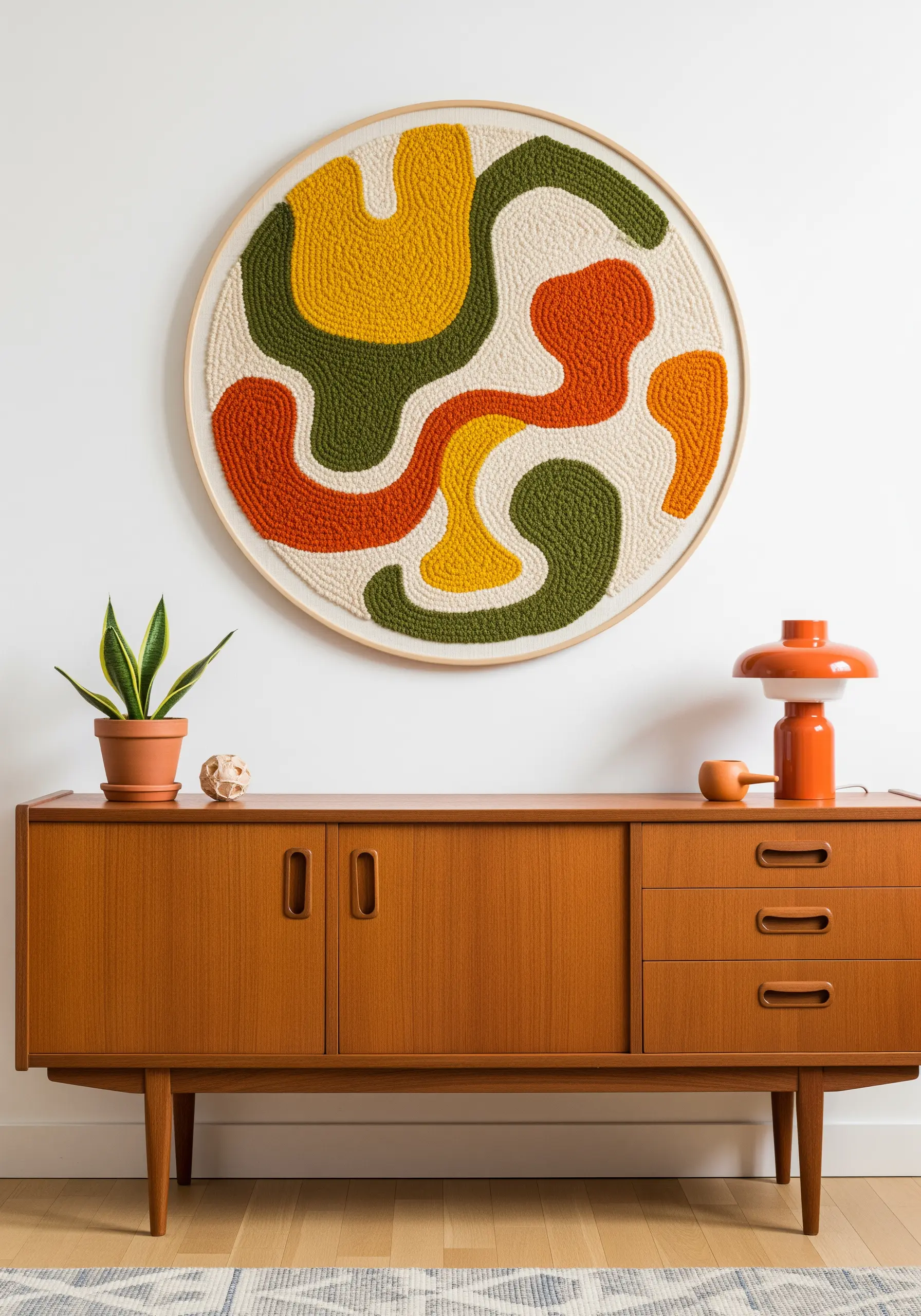 A large circular punch needle artwork with retro-colored abstract shapes above a teak credenza
