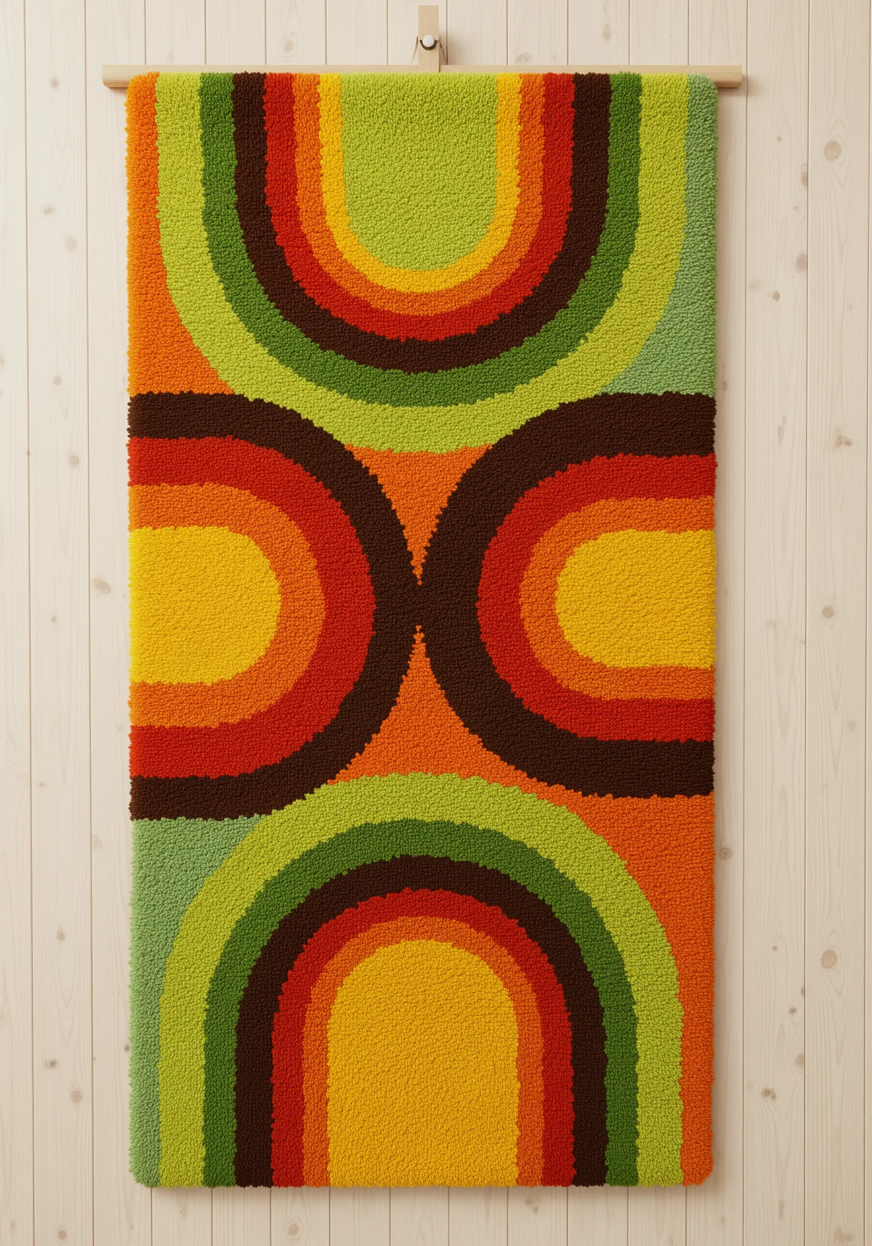 Punch needle wall hanging with retro-style arches in orange, yellow, green, and brown
