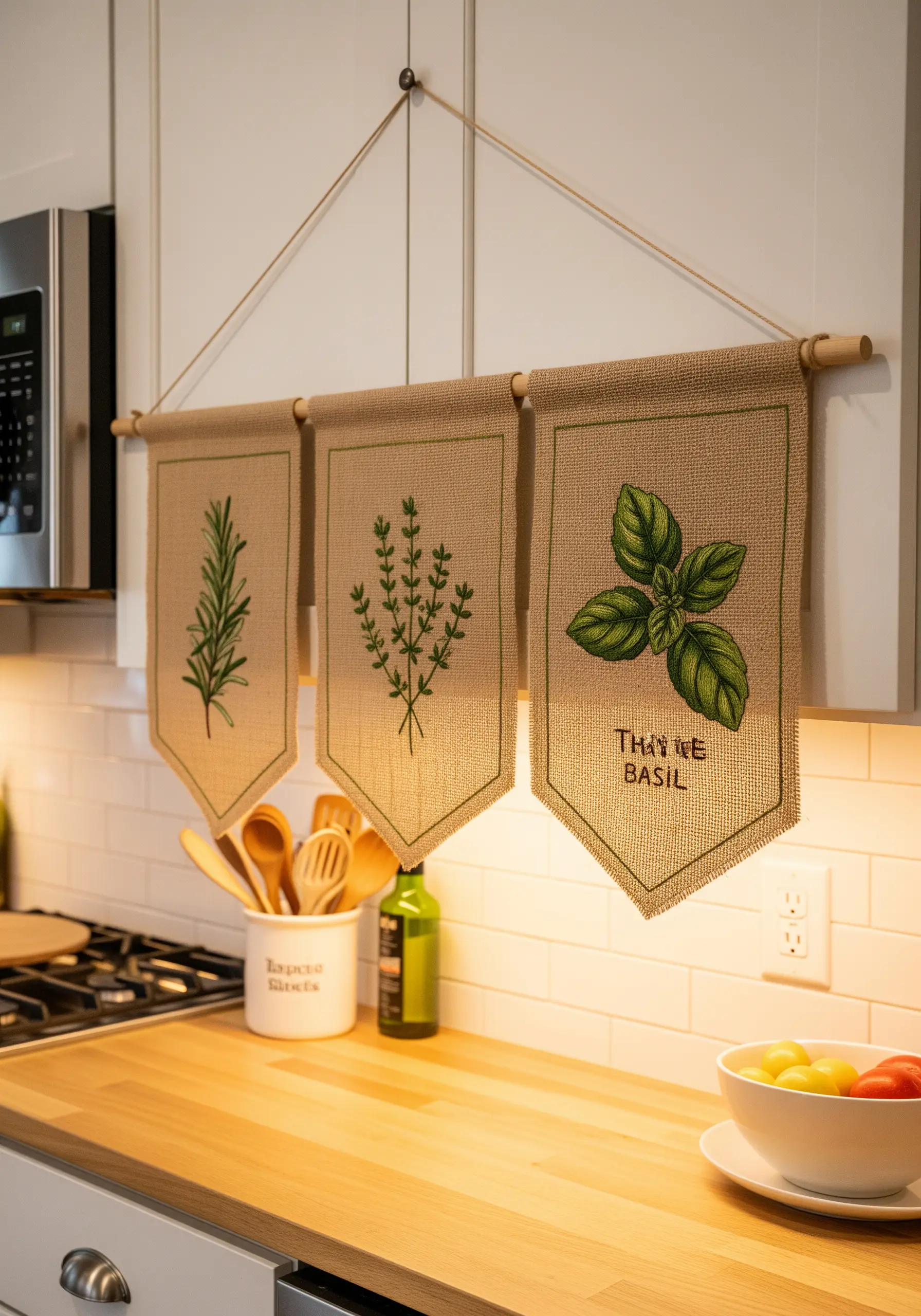 Three embroidered burlap banners featuring herbs: rosemary, thyme, and basil.