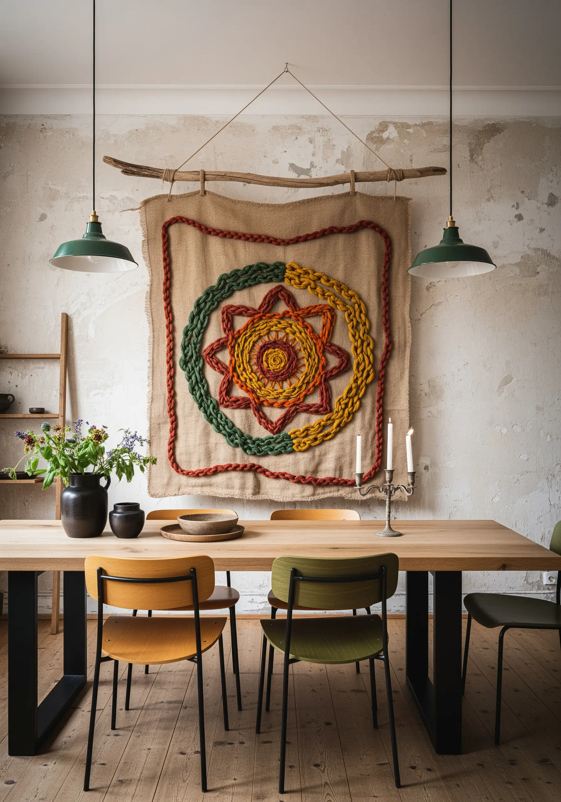 A rustic wall hanging on burlap with a chunky yarn mandala in earthy tones.