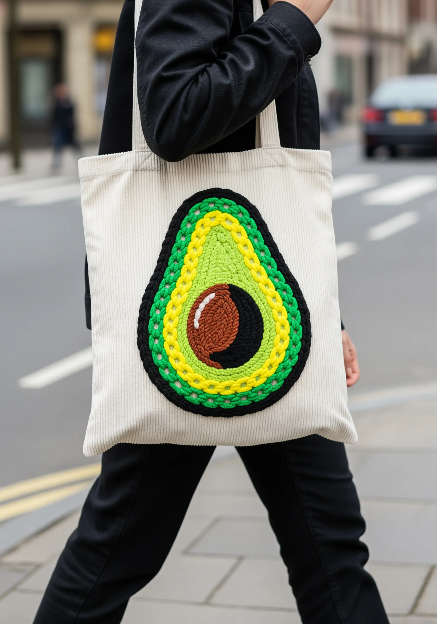 A chunky, textural avocado design on a corduroy tote bag using couched yarn