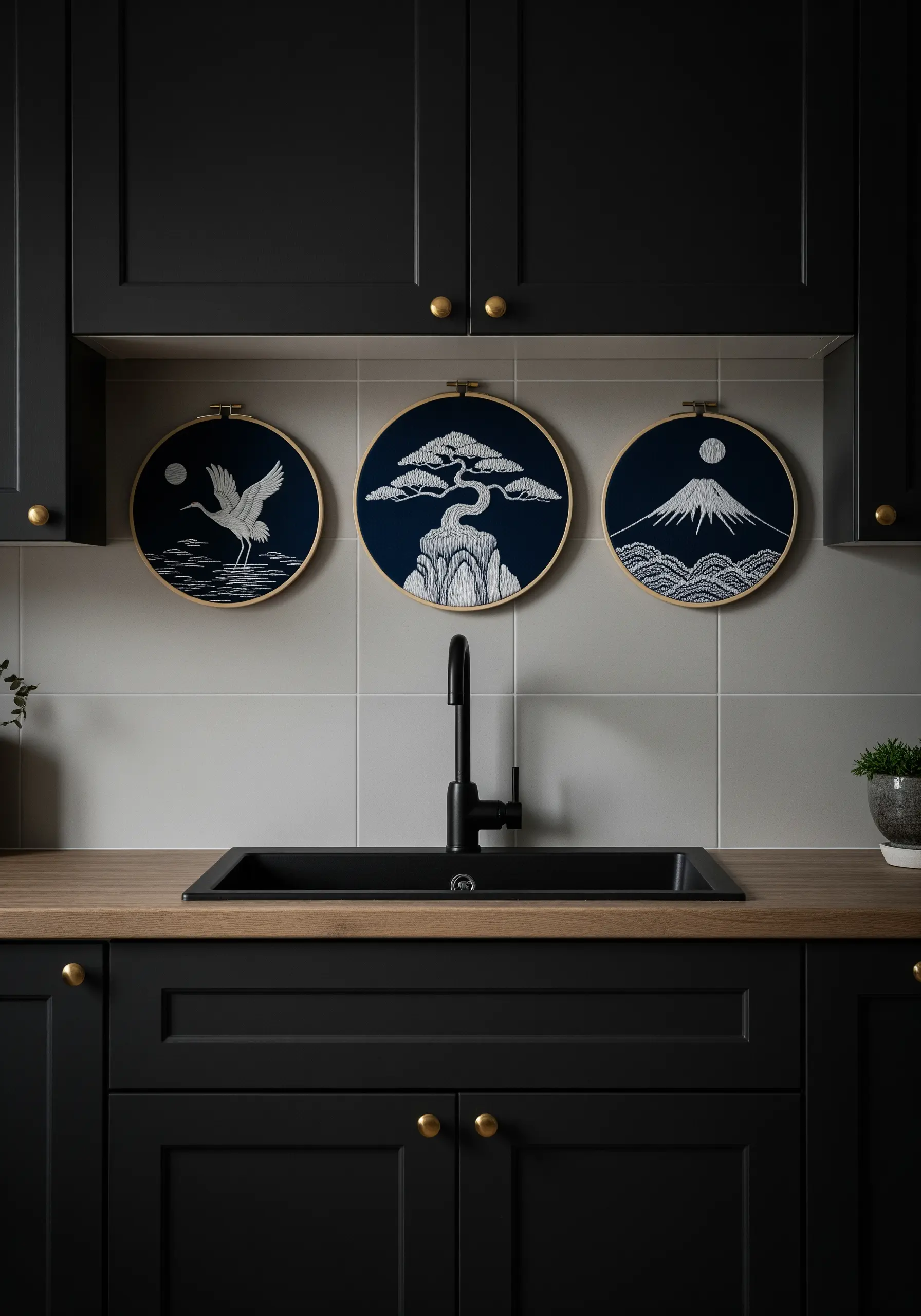 A triptych of Japanese-inspired embroideries on dark fabric, showing a crane, tree, and mountain.
