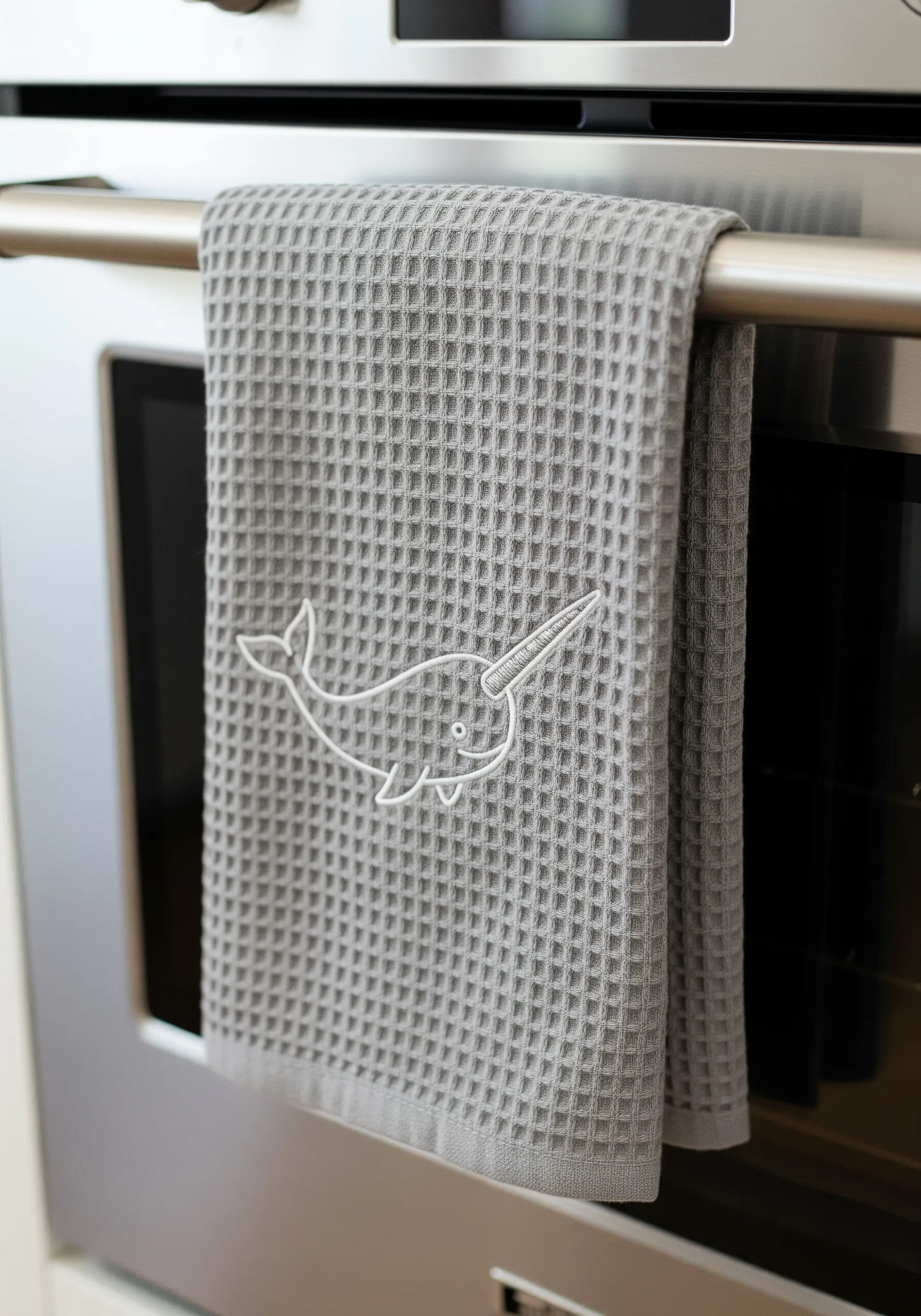 A simple white line-art narwhal embroidered on a grey waffle-weave towel.