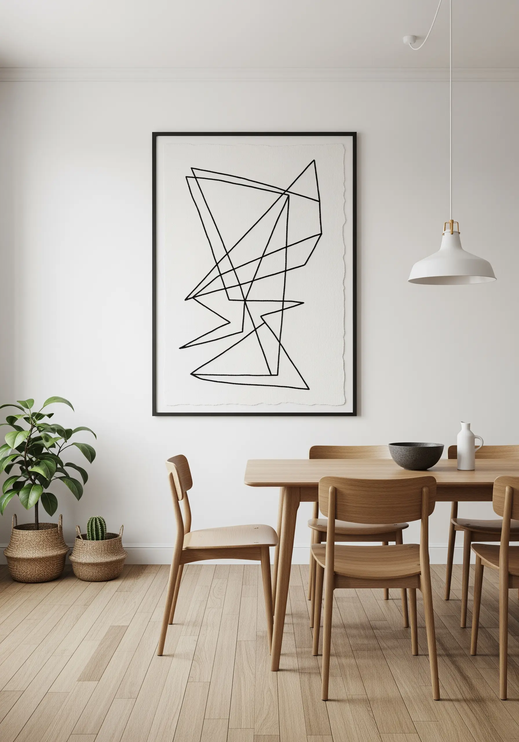 A single continuous black line creates an abstract geometric shape on white fabric.