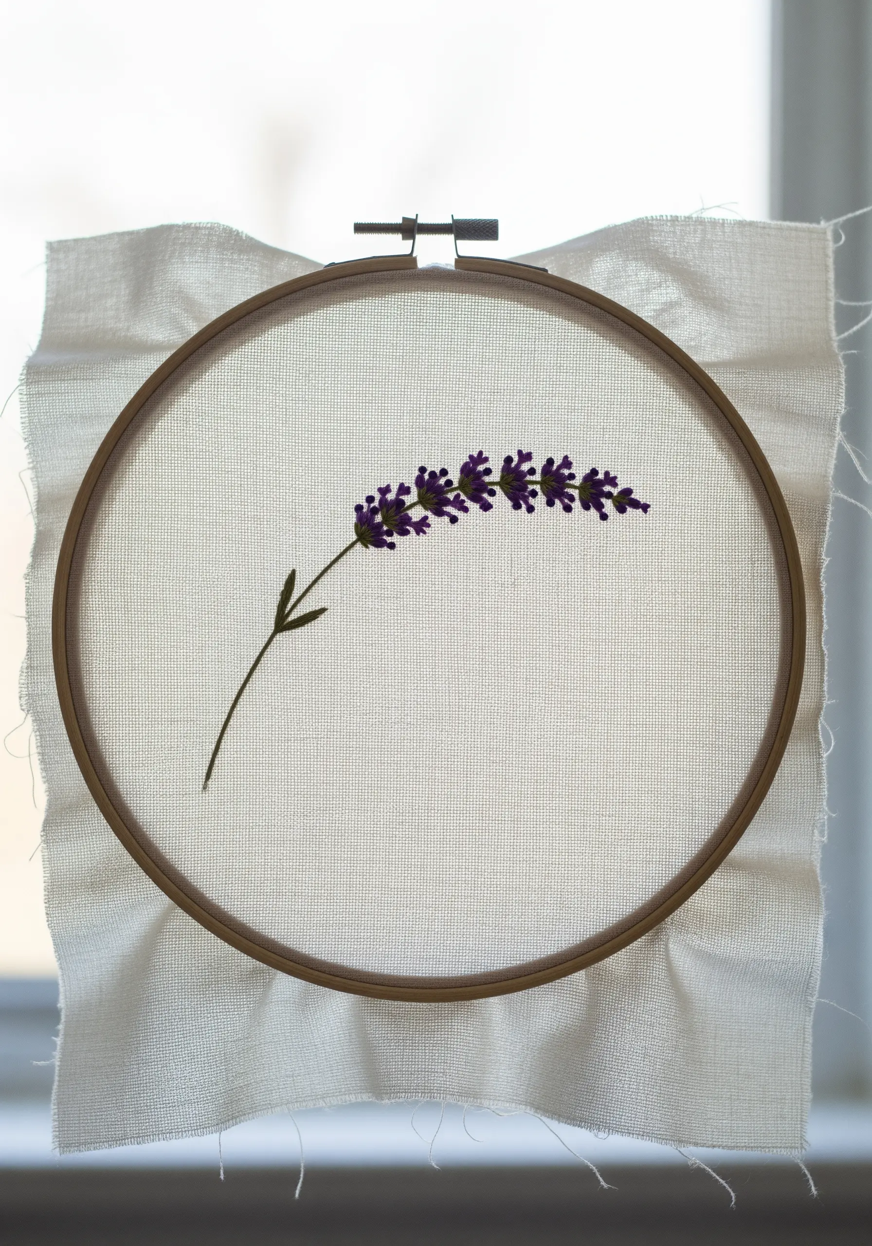 A single lavender sprig embroidered on semi-sheer fabric held up to a window.