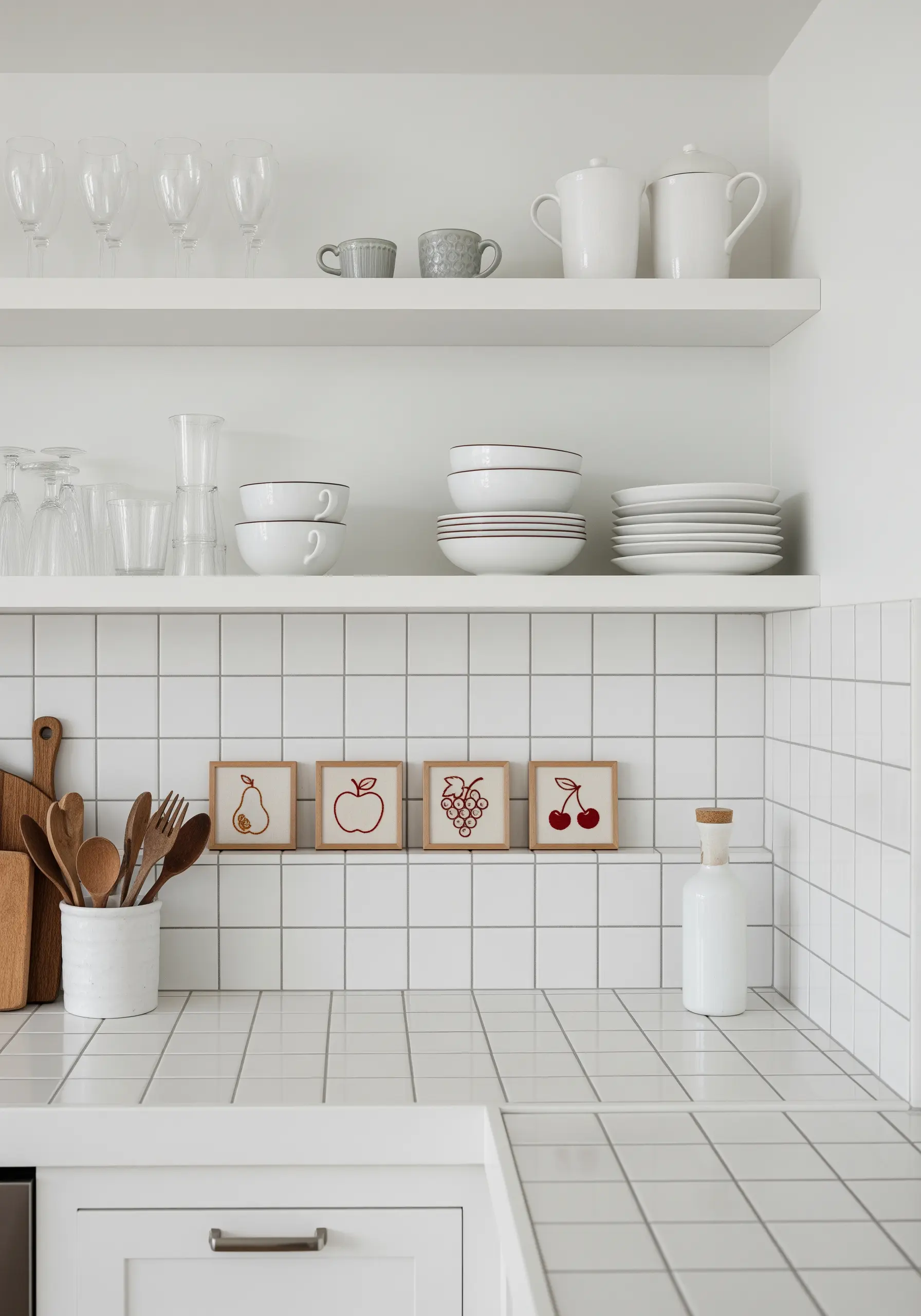 Four small framed pieces of minimalist line art embroidery featuring fruit on a kitchen counter