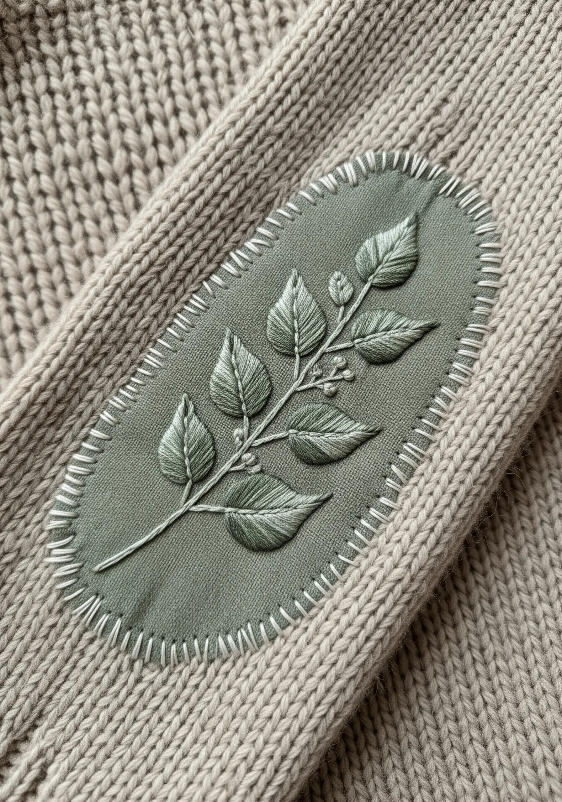 A sage green patch with tone-on-tone leaf embroidery, stitched onto a beige ribbed sweater.