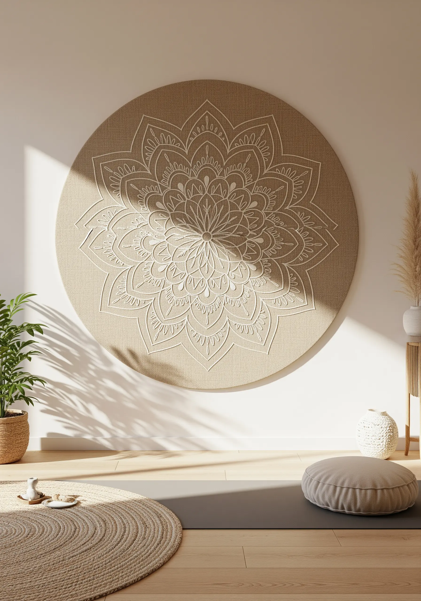 A large, circular canvas in natural burlap embroidered with a white mandala design.