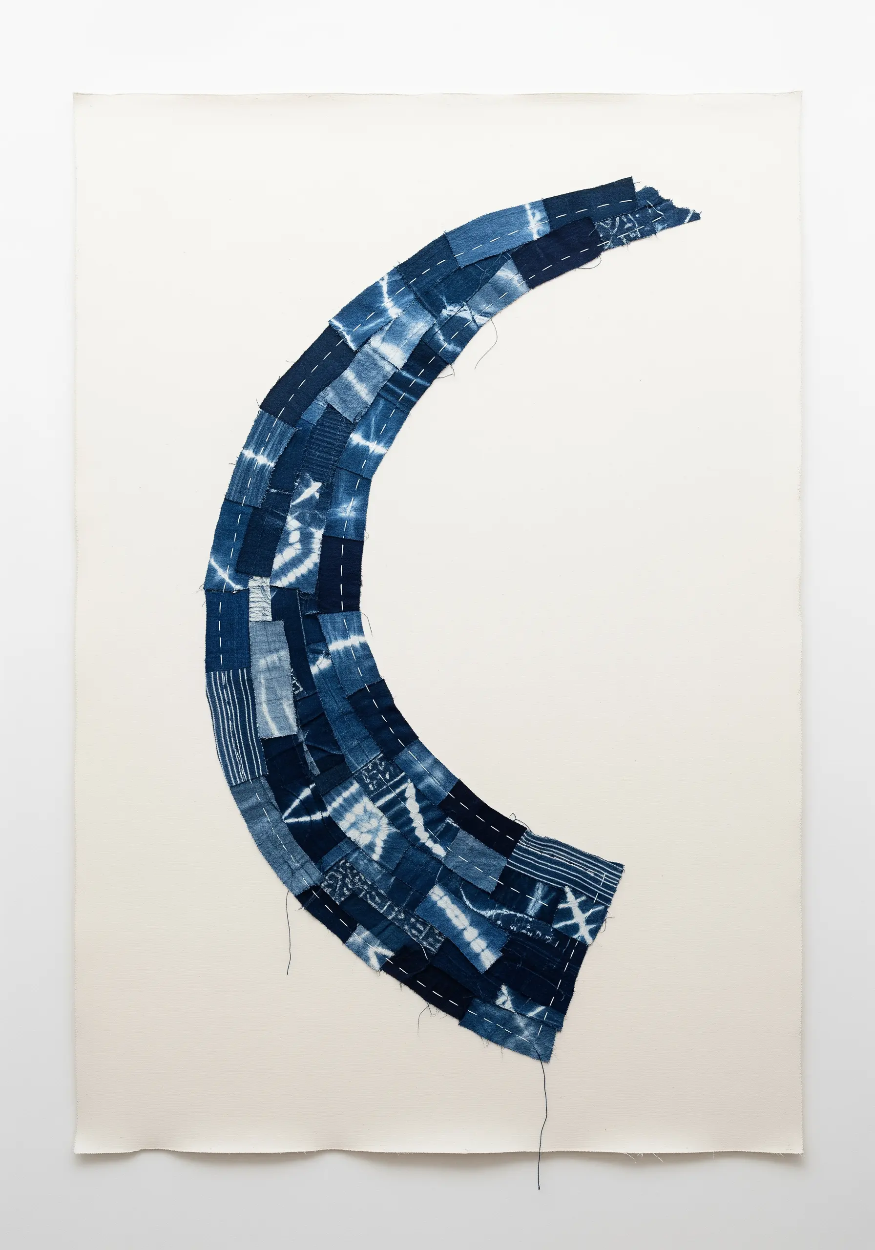 A minimalist curved shape made from a patchwork of indigo-dyed fabric scraps with white stitching