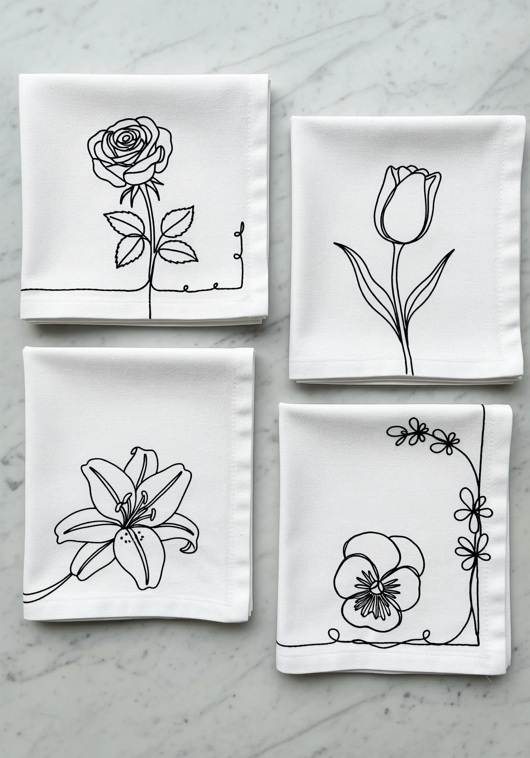 Four white napkins, each featuring a different flower embroidered in a single continuous black line.