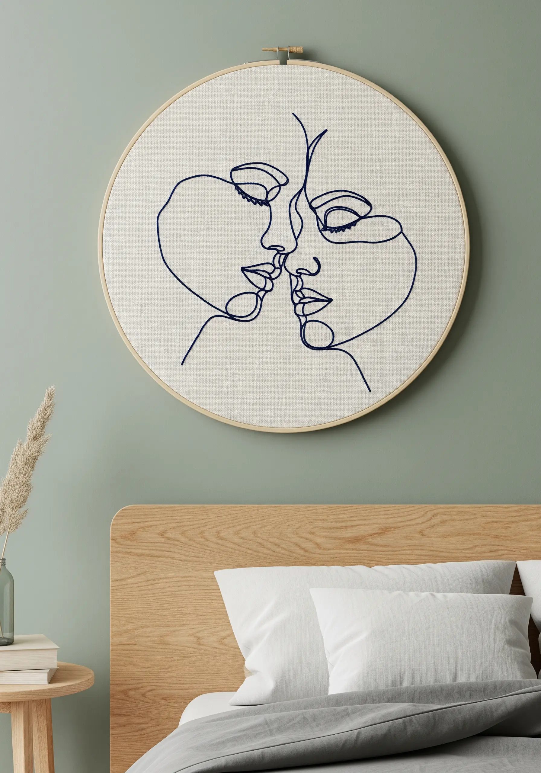 Minimalist one-line embroidery of two faces kissing, stitched in navy on off-white fabric.