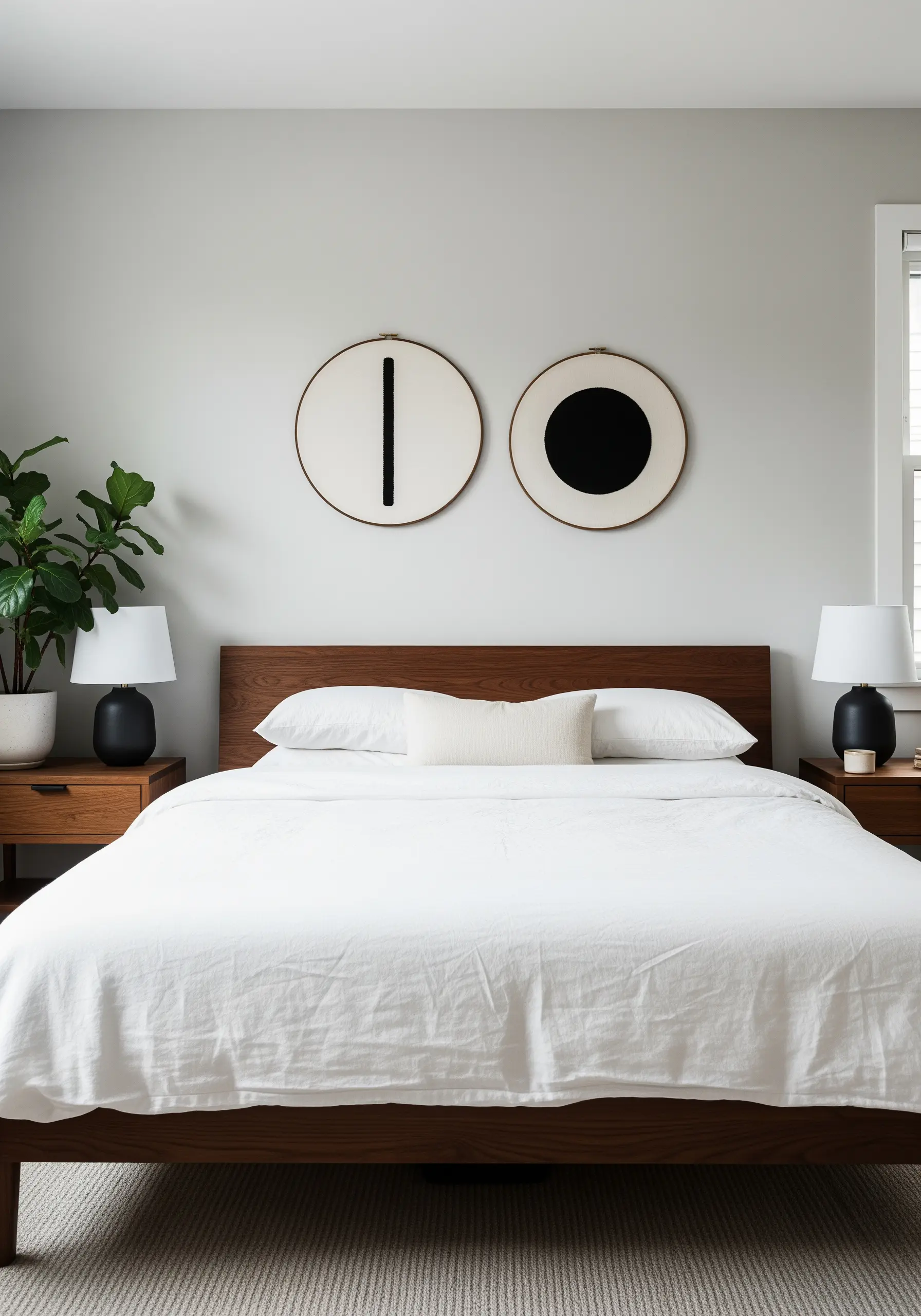 Two large embroidery hoops above a bed, one with a vertical black line, one with a solid black circle.