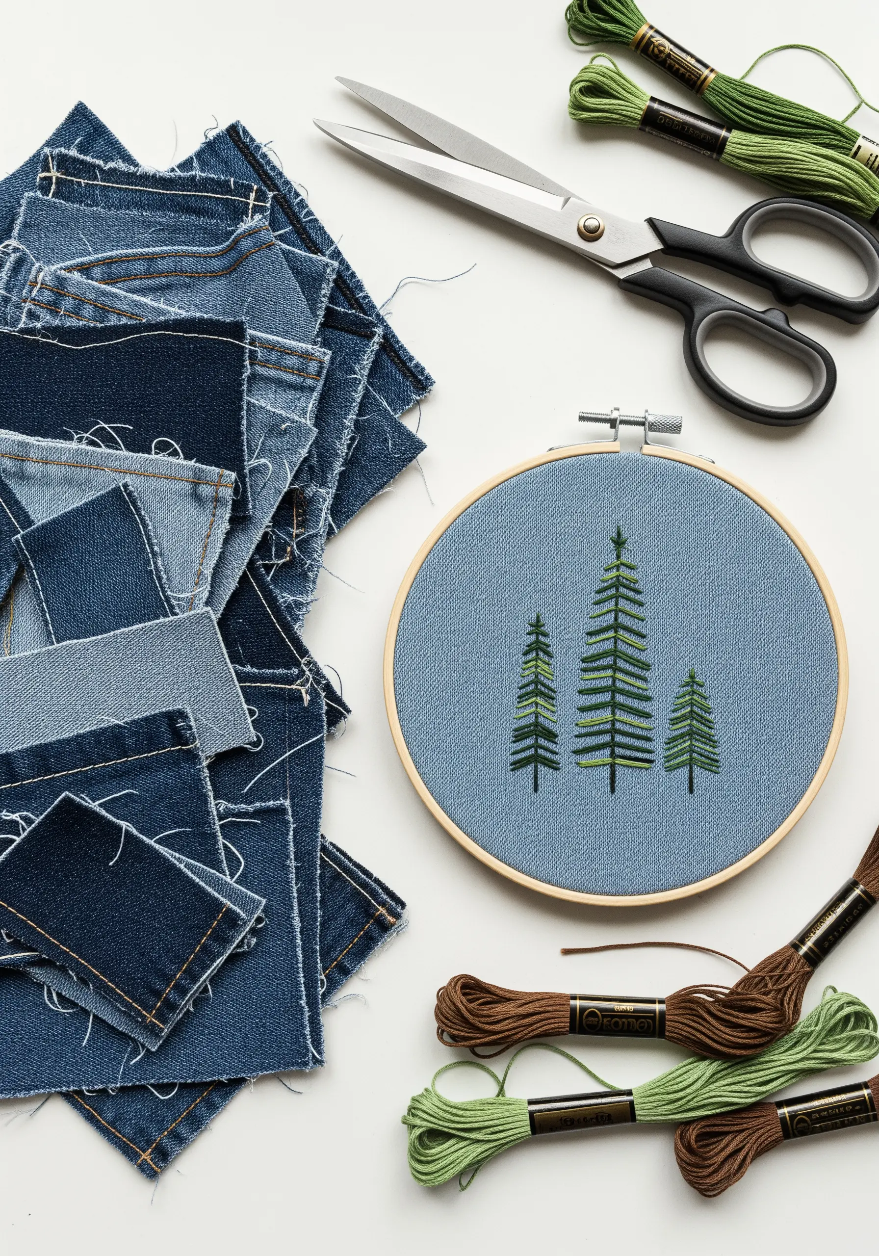 Three minimalist pine trees embroidered on a piece of blue denim fabric in a hoop.