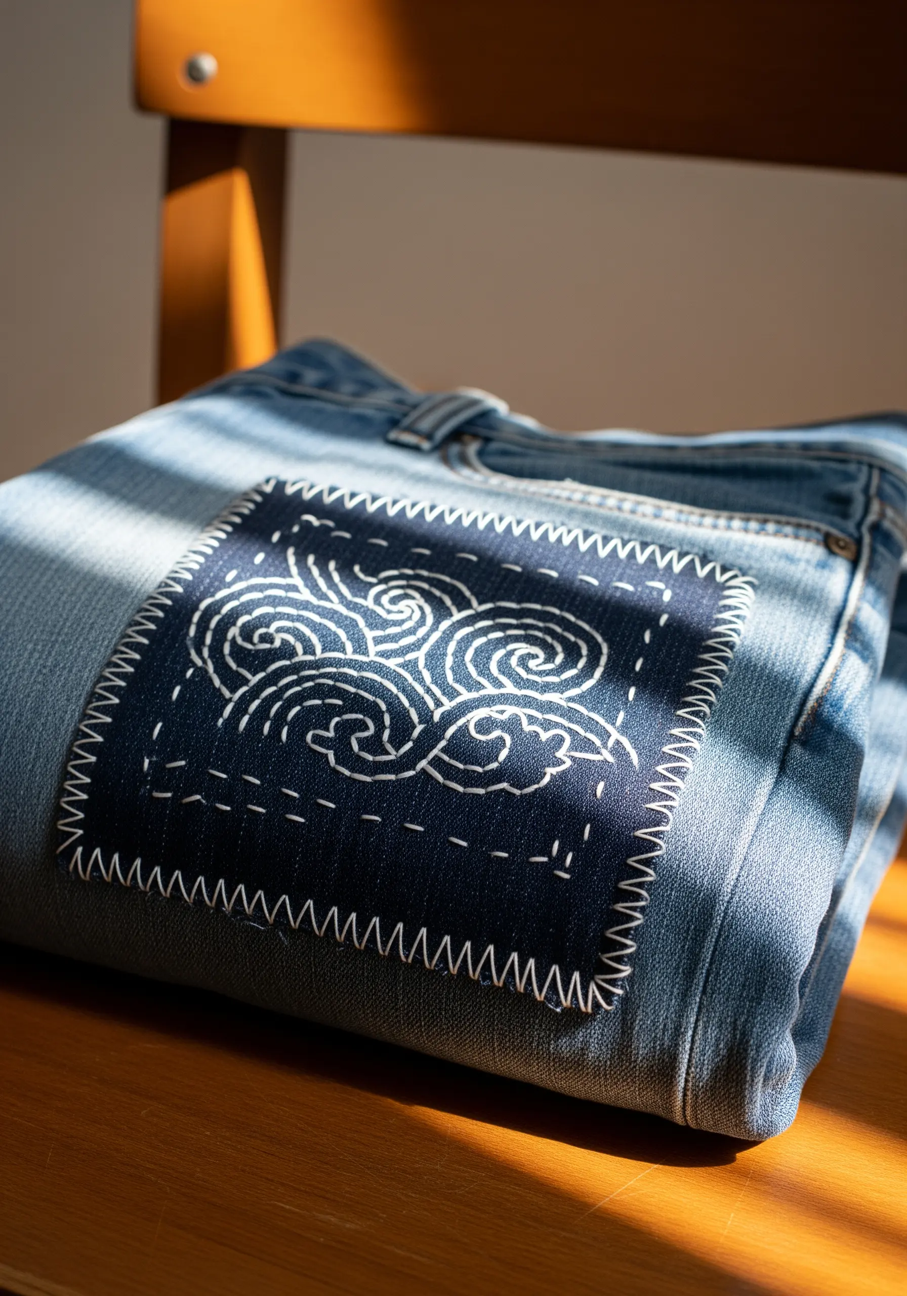 A dark denim patch on jeans with a white sashiko wave pattern.
