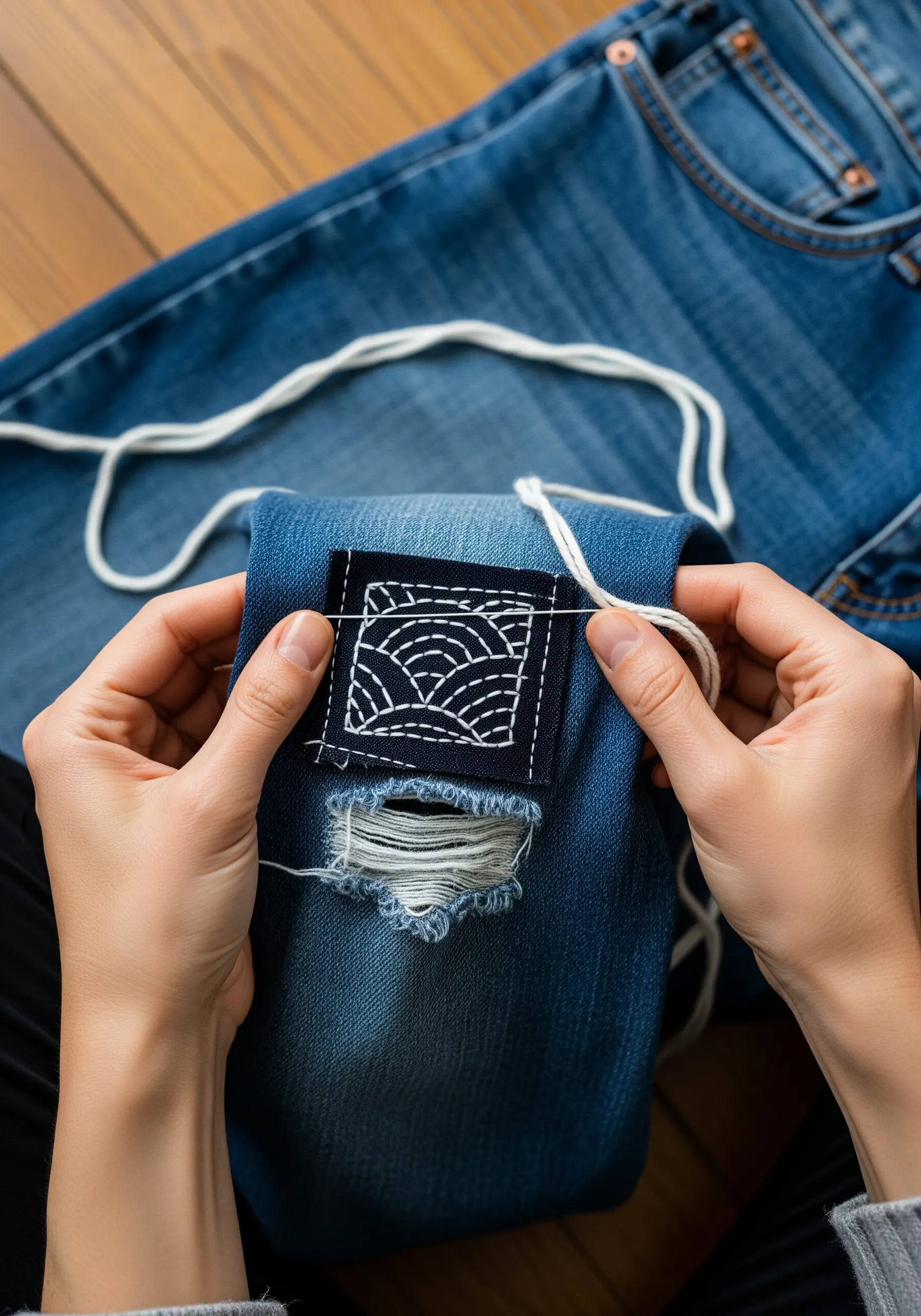 Hands applying a sashiko patch with a geometric wave pattern to mend a hole in blue jeans.