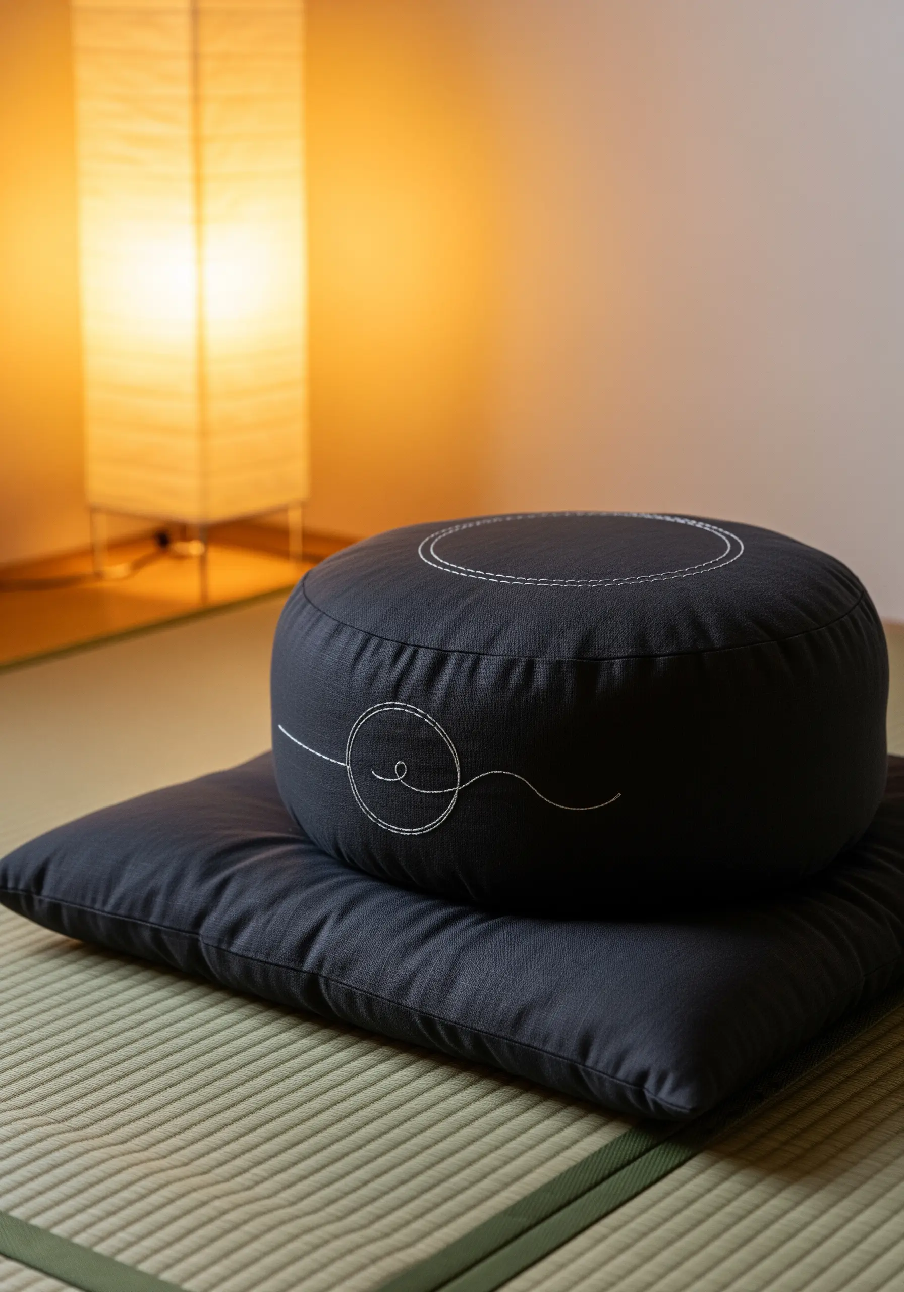 A simple, meandering white running stitch on a round black meditation cushion.