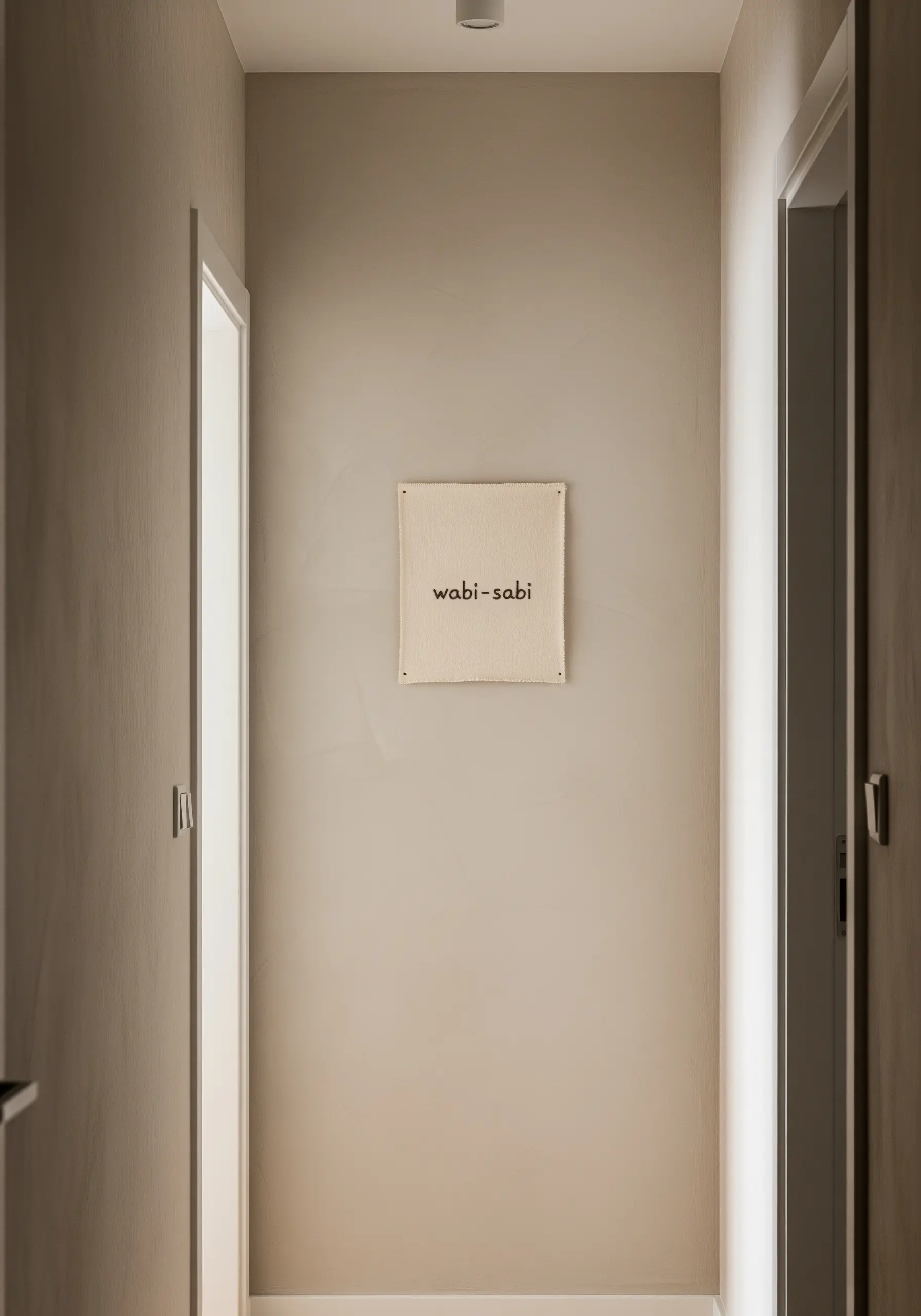 The words 'wabi-sabi' embroidered in black thread on a raw-edged piece of cream-colored fabric.