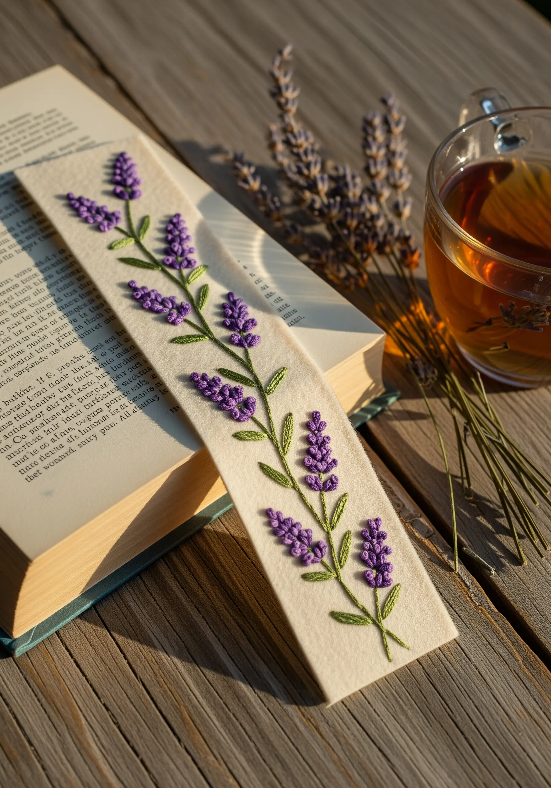 A felt bookmark embroidered with a delicate lavender sprig, resting on an open book.