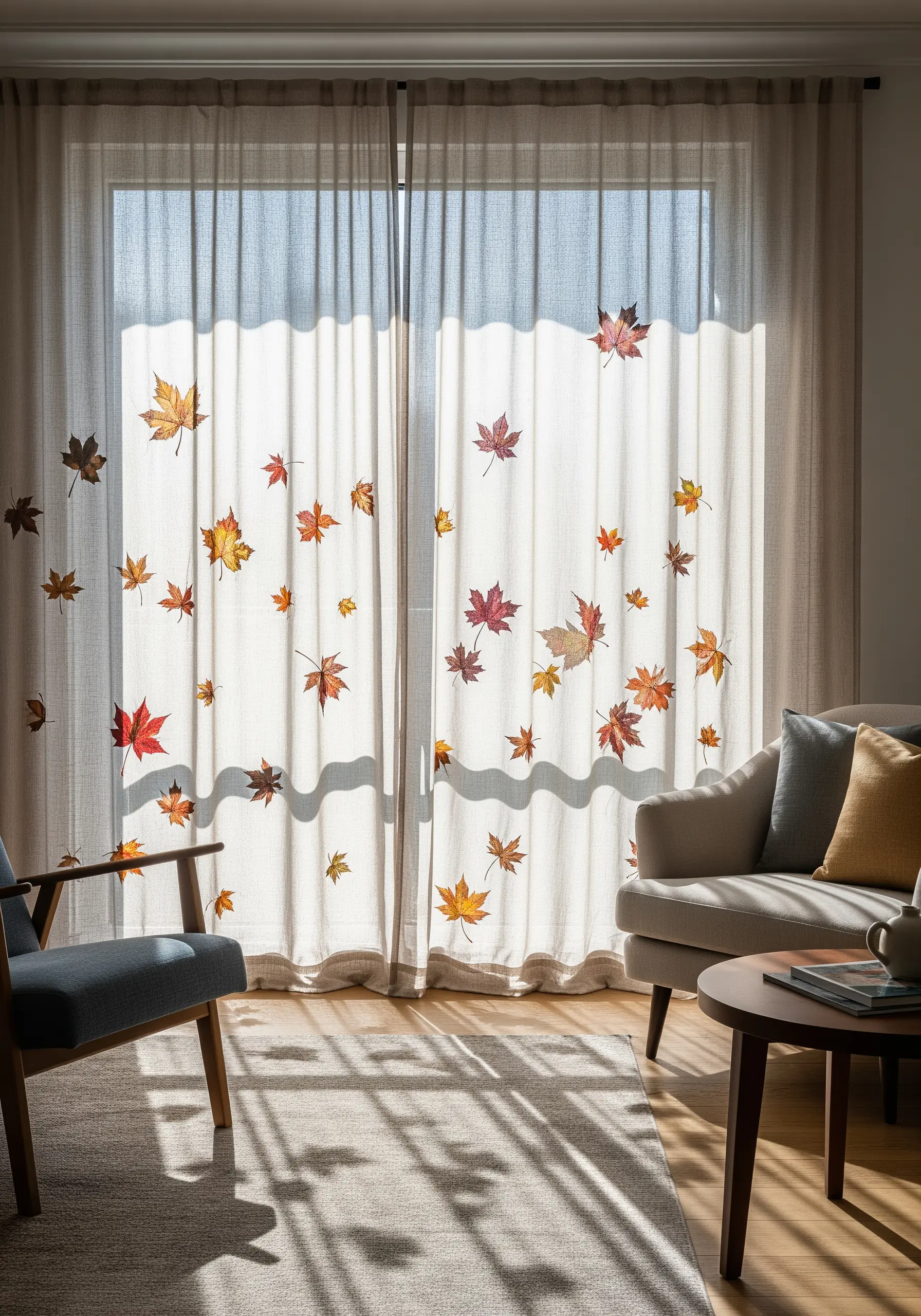 Sheer white curtains embroidered with scattered, colorful falling autumn leaves.