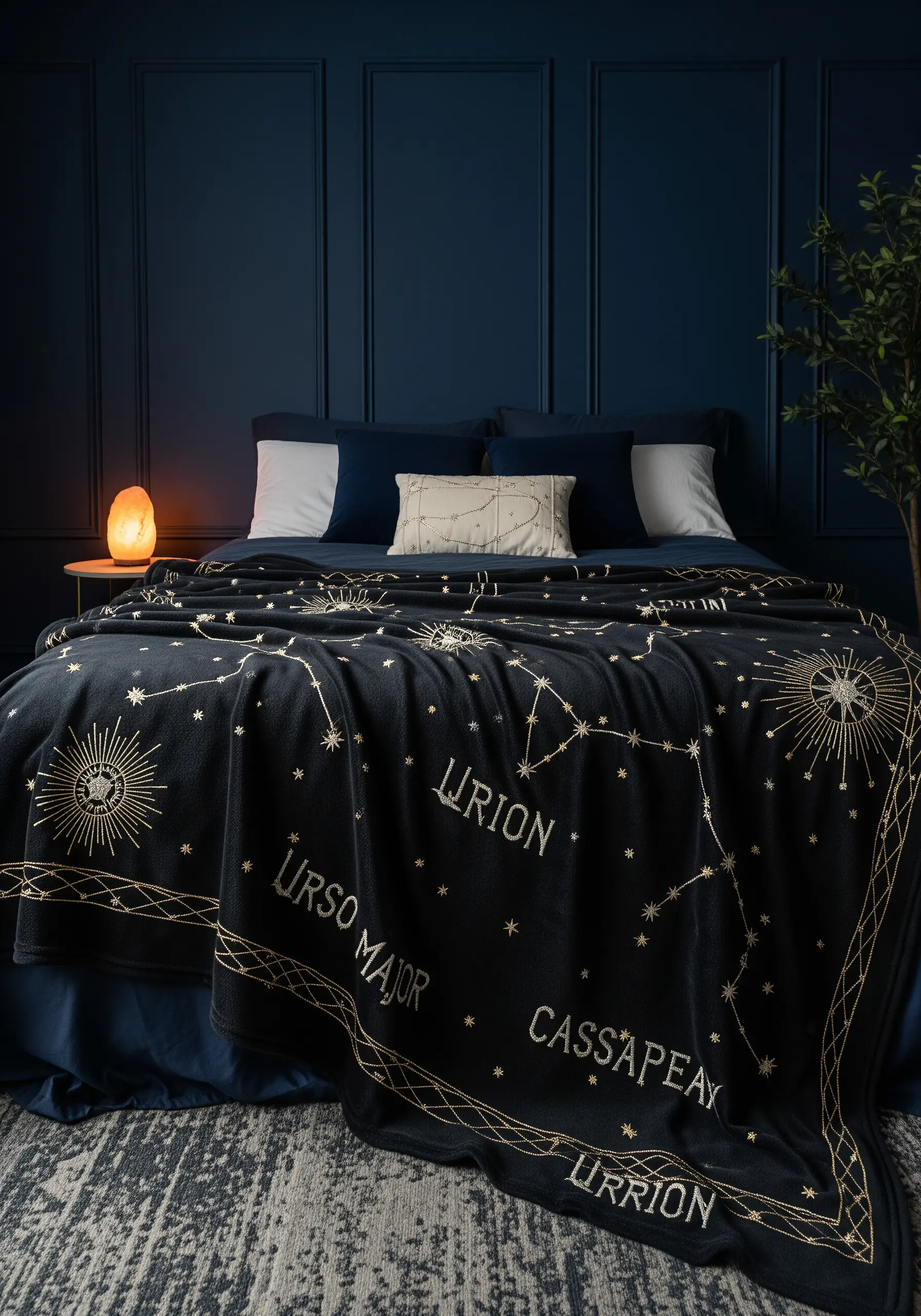 A black fleece blanket embroidered with gold metallic thread constellations like Ursa Major.