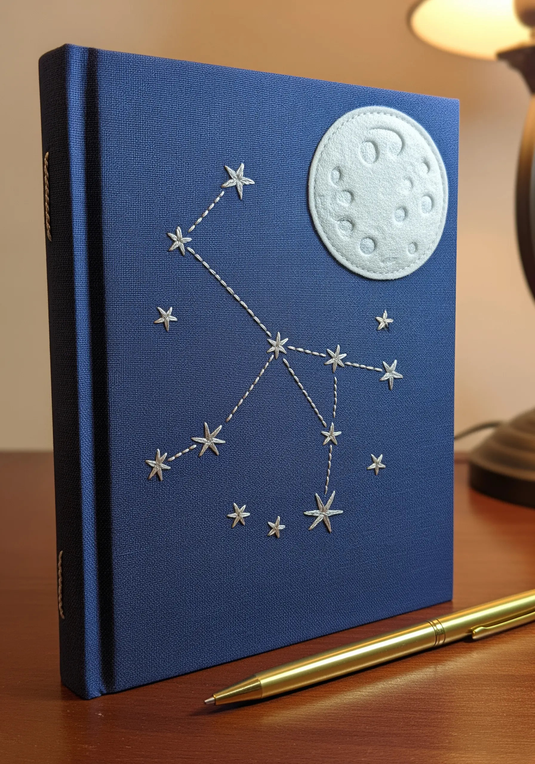 A navy blue book cover embroidered with a silver thread constellation and a felt moon