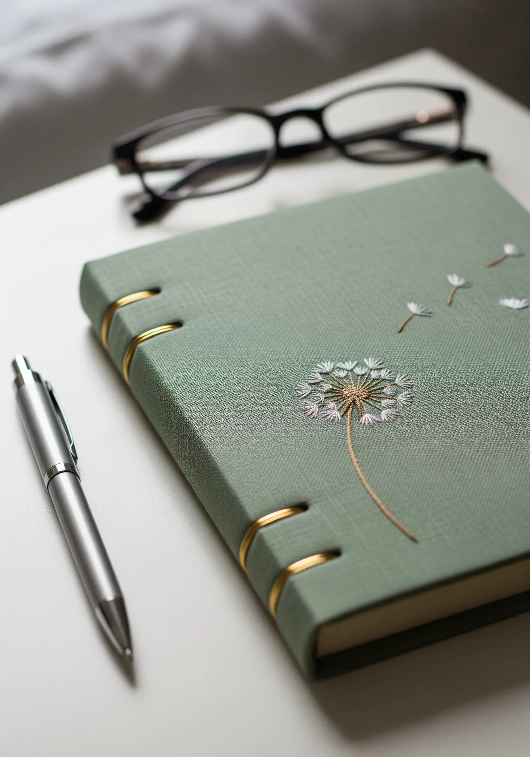 A close-up of a green journal cover embroidered with a delicate white and gold dandelion.