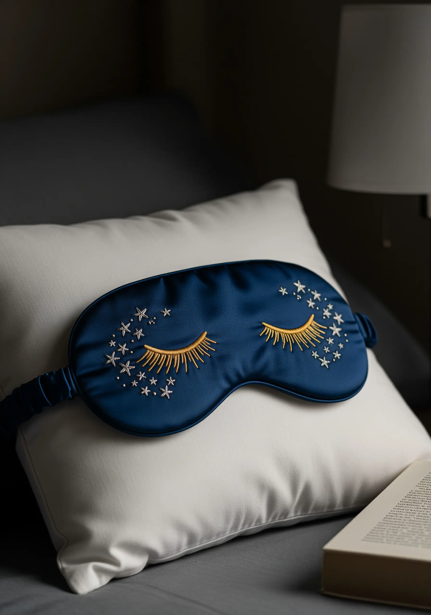 A navy blue silk sleep mask embroidered with golden eyelashes and a sprinkle of silver stars.