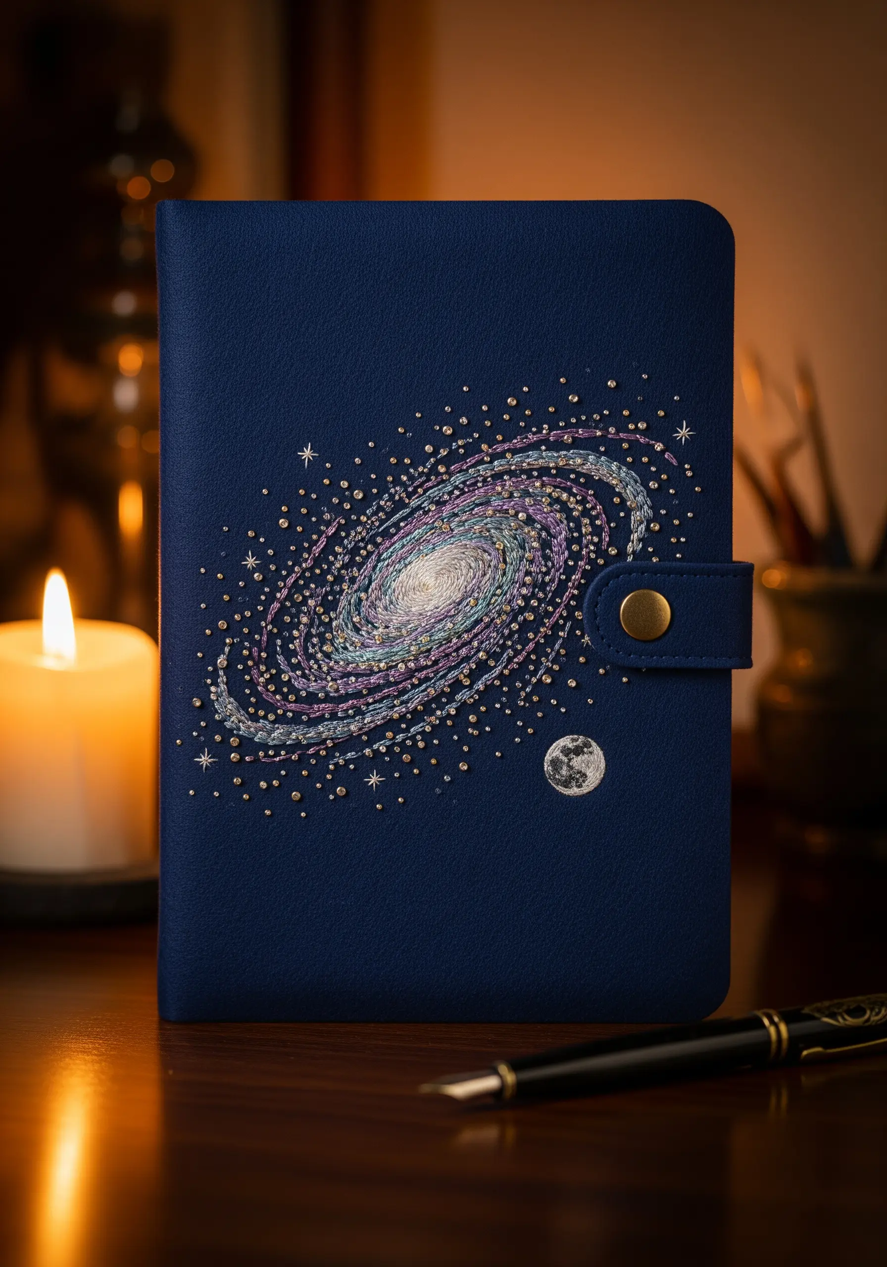 An embroidered spiral galaxy with metallic threads on a navy blue journal cover