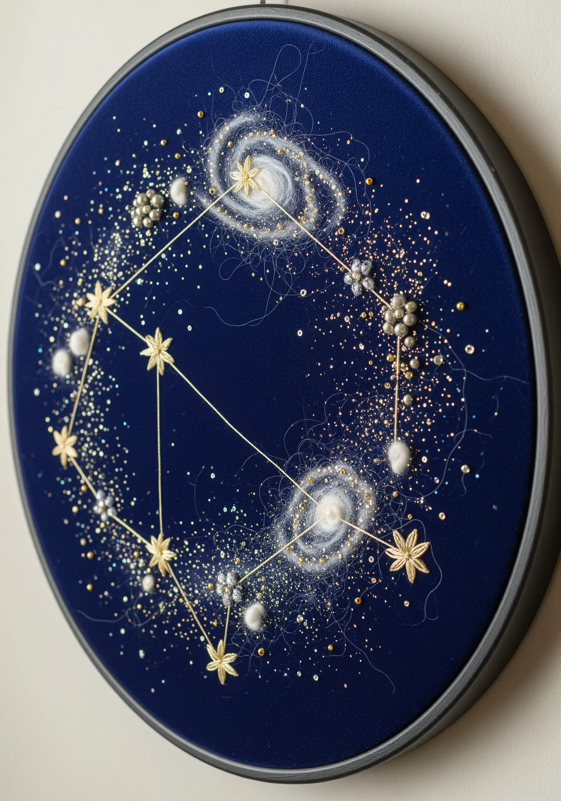 Celestial embroidery on dark blue velvet featuring galaxies, beaded planets, and gold constellations