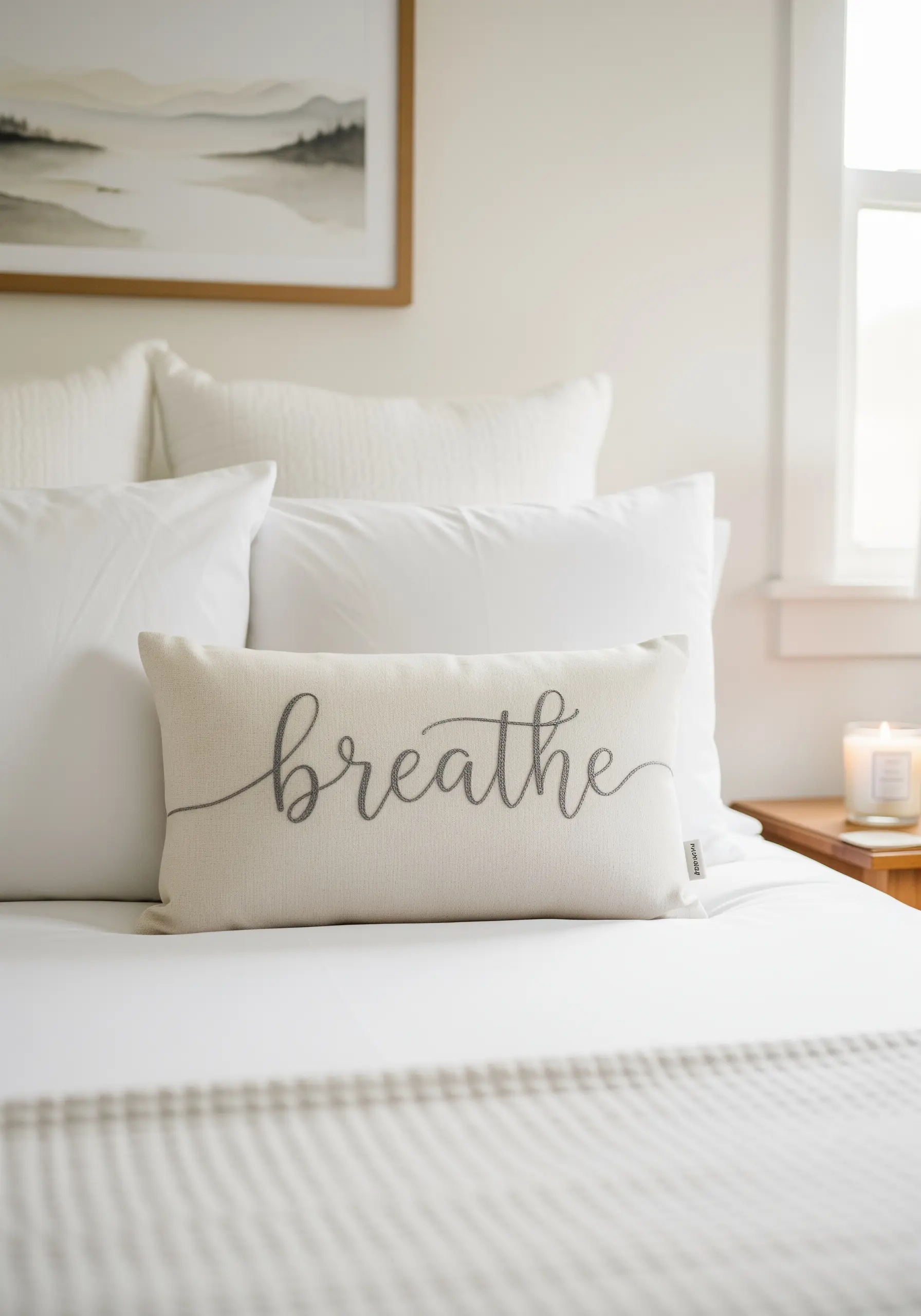 A lumbar pillow on a white bed, embroidered with the word 'breathe' in gray script.