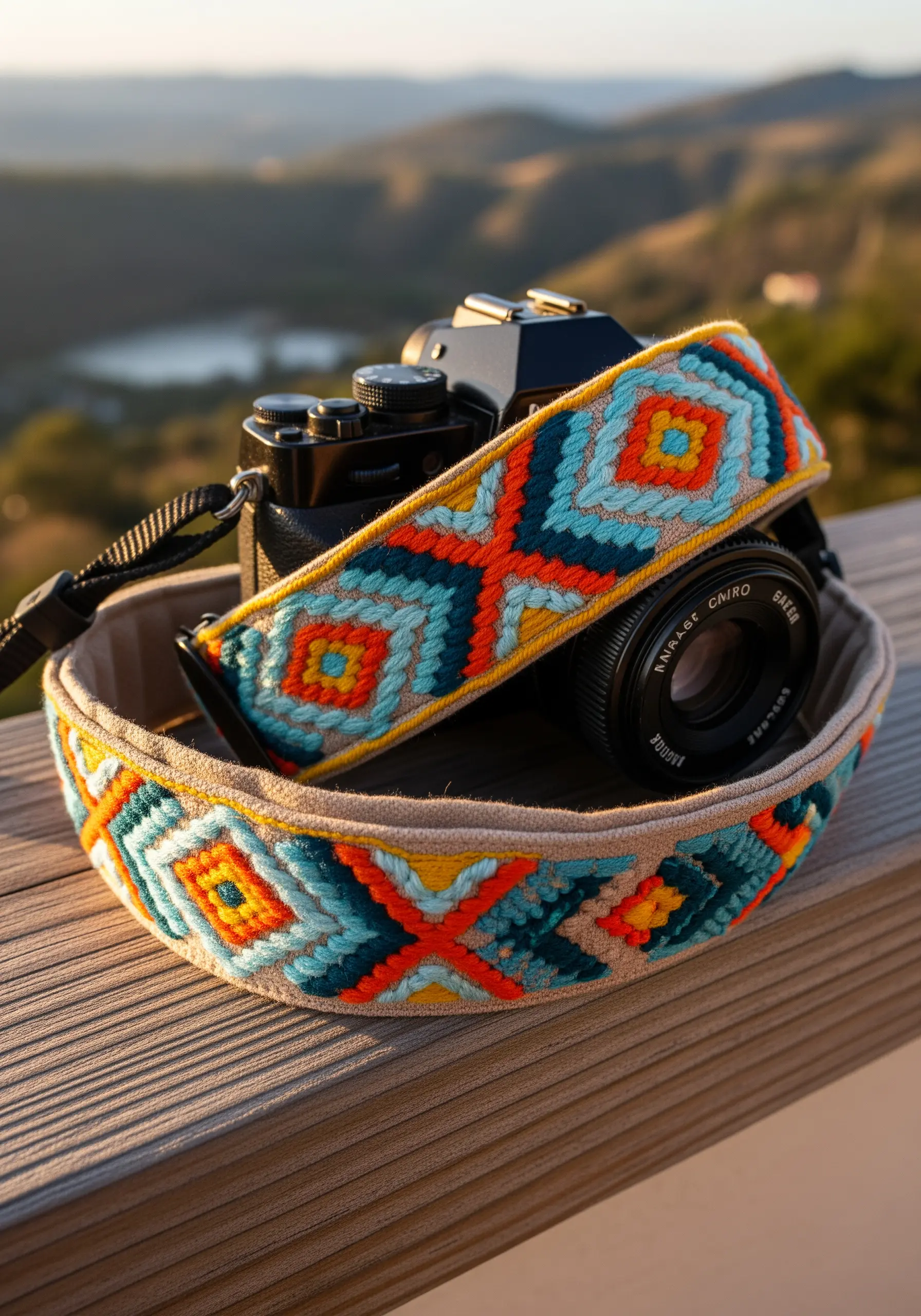 A colorful camera strap with a geometric, repeating diamond pattern in shades of orange, teal, and yellow.
